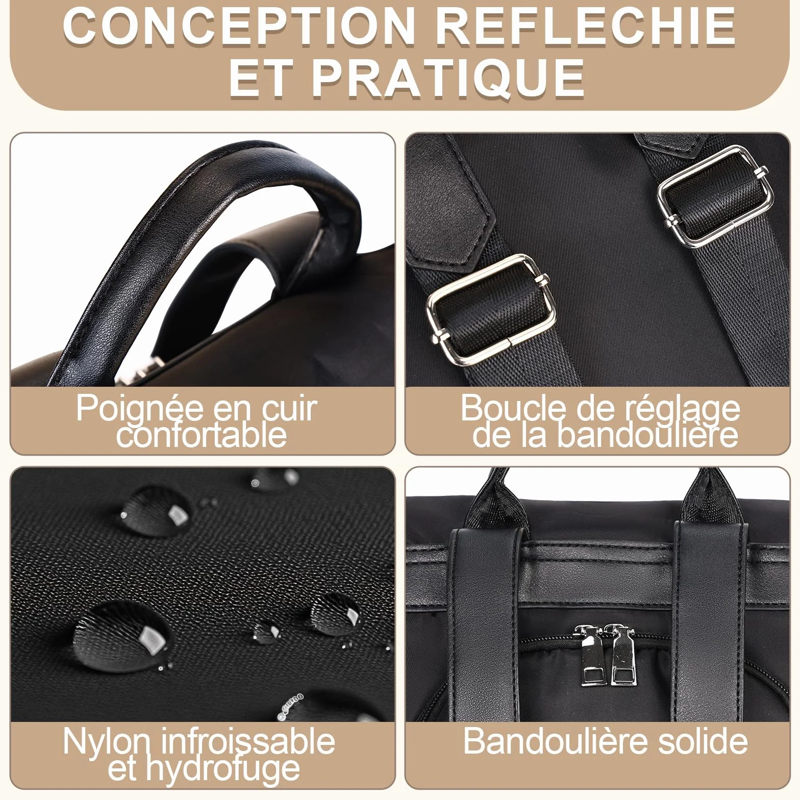 Eshow Sac à Dos Femme Antivol, Petit Sac Bandoulière Léger Voyage Noir