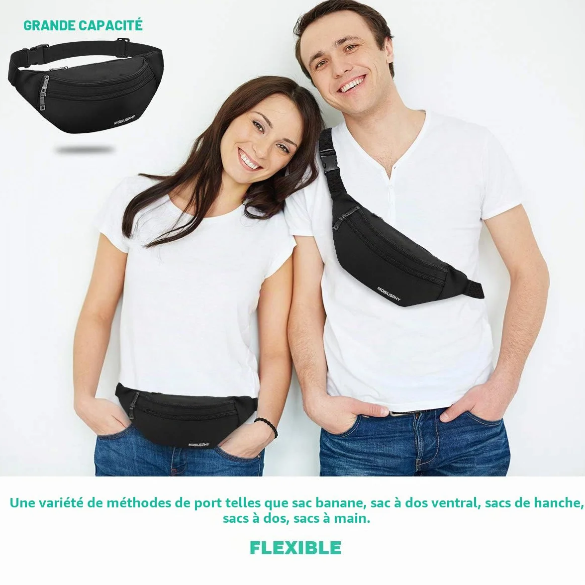 Sac à la Taille Ceinture de Course Homme Femme Sacoche Banane Etanche Réglable Cyclisme Gym Jogging Noir