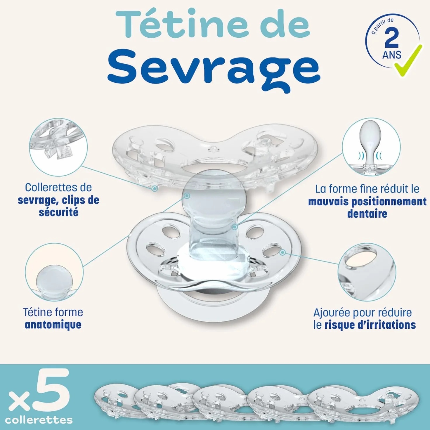 CLIPP Kit Tétine de Sevrage Étoiles 5 Collerettes Arrêt Progressif Sevrage par Paliers Dispositif Breveté Fabriqué en France 2 Ans