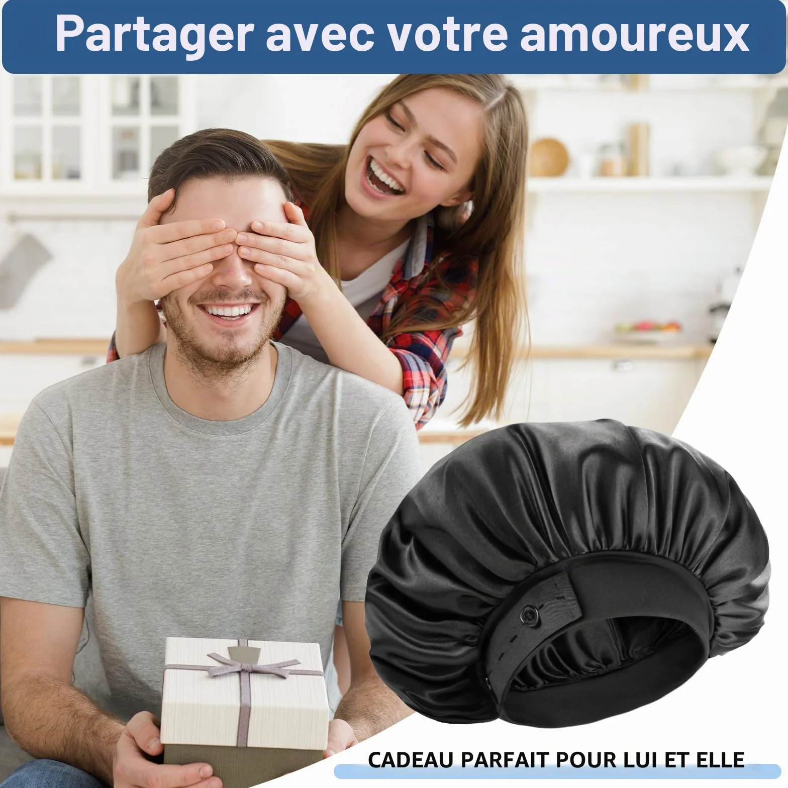 Bonnets en Soie pour Homme, Bonnet de Sommeil Double Couche avec Ourlet Réglable, Idéal pour Tresses Bouclées, Reste en Place (Noir)