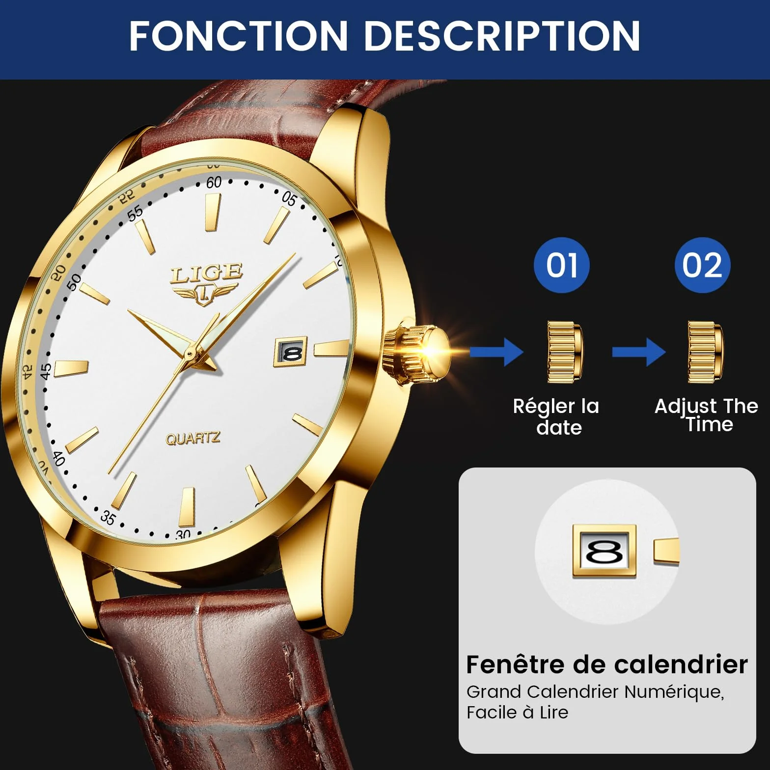 LIGE Montre Hommes Date Étanche Quartz Cuir Jaune-Brun