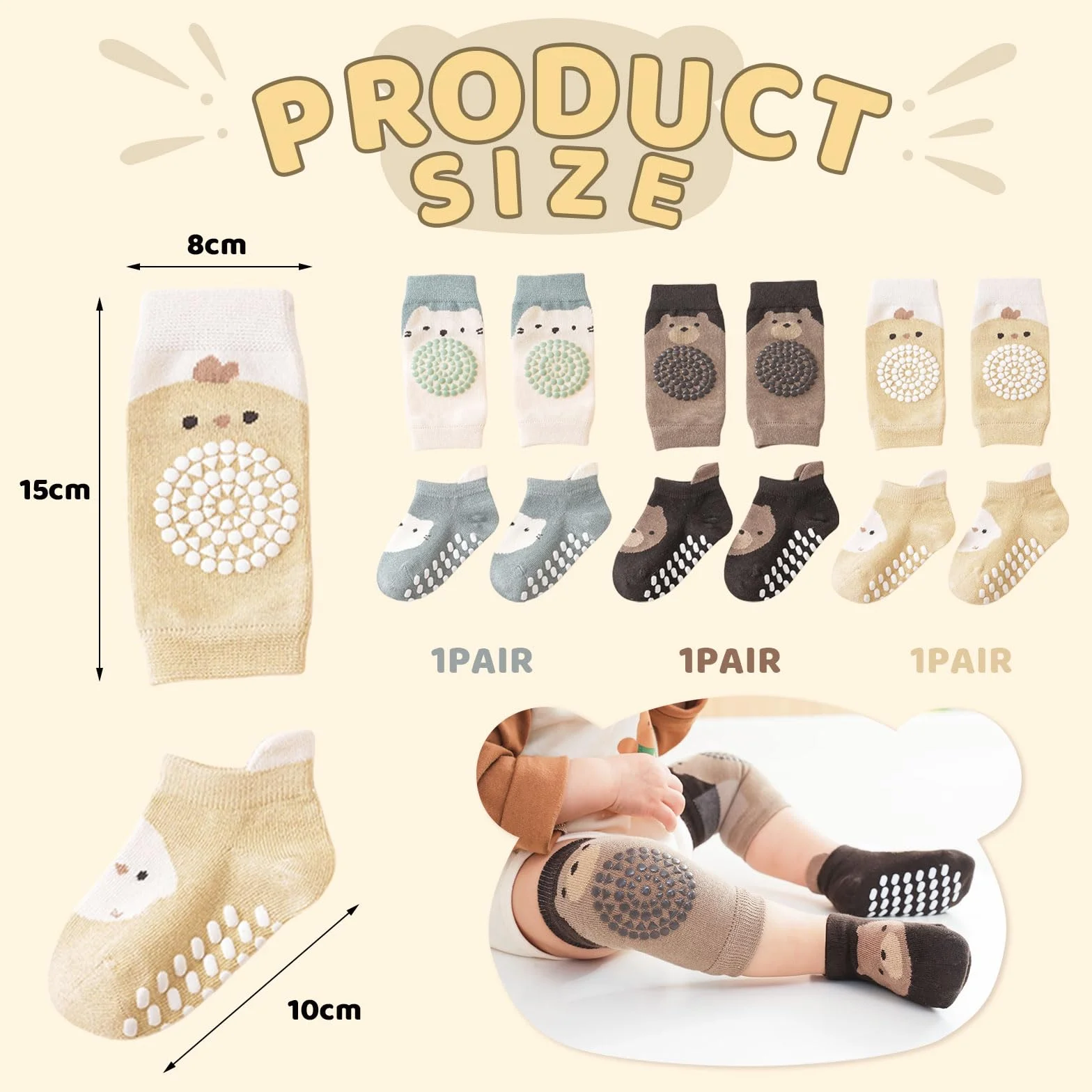 Genouillères et chaussettes pour bébé, ensemble rampant 0-12 mois, 3 paires