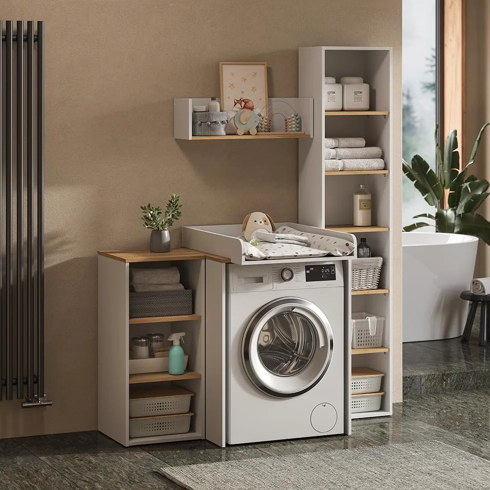 Vicco Armoire Machine à Laver Viktor Blanc Artisan 68x88.2cm 2 pièces Plan à Langer Rangement lessives Surface dépose