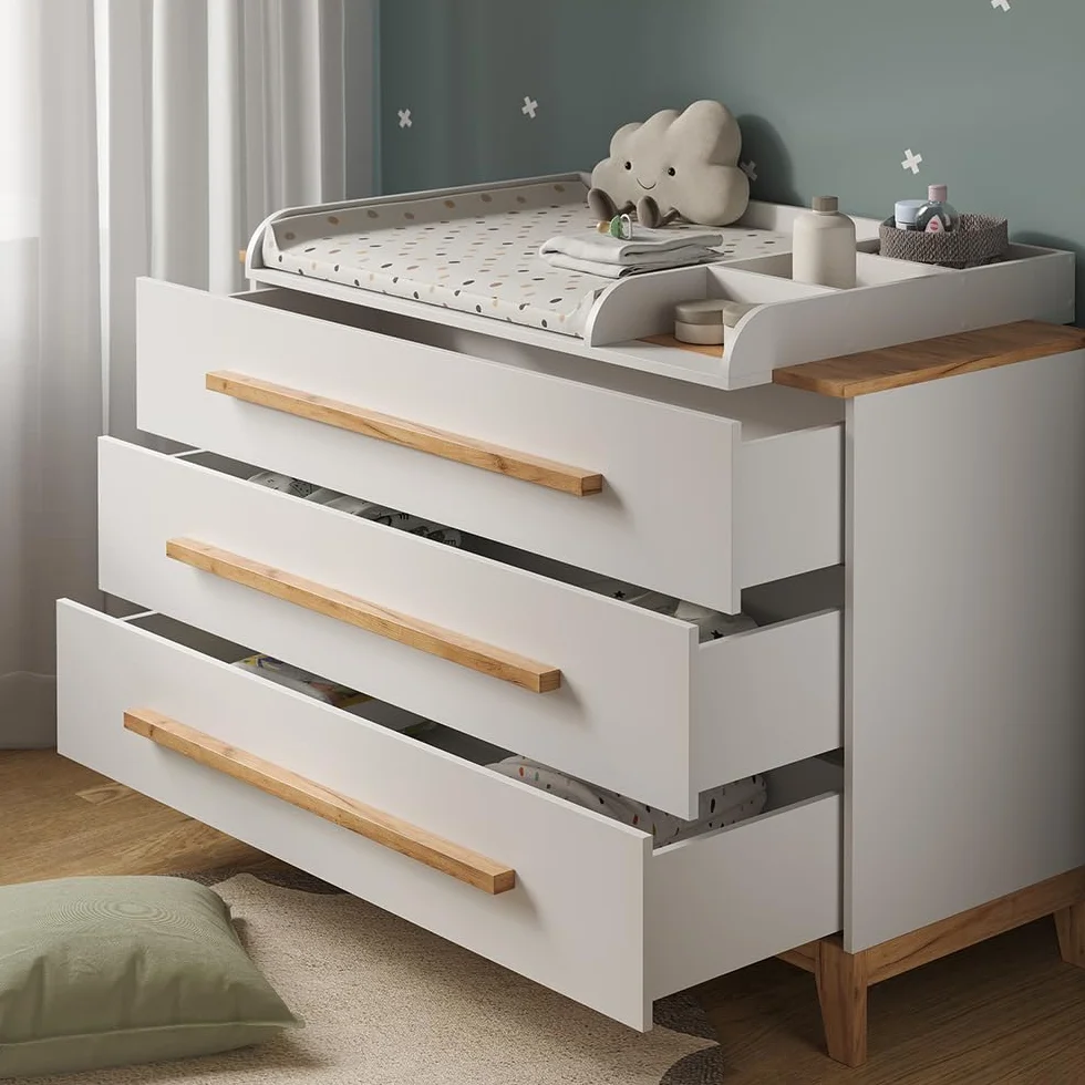 VitaliSpa Table à Langer Malia Blanc Artisan 133.2x98cm 3 tiroirs Plan à Langer Amovible Commode