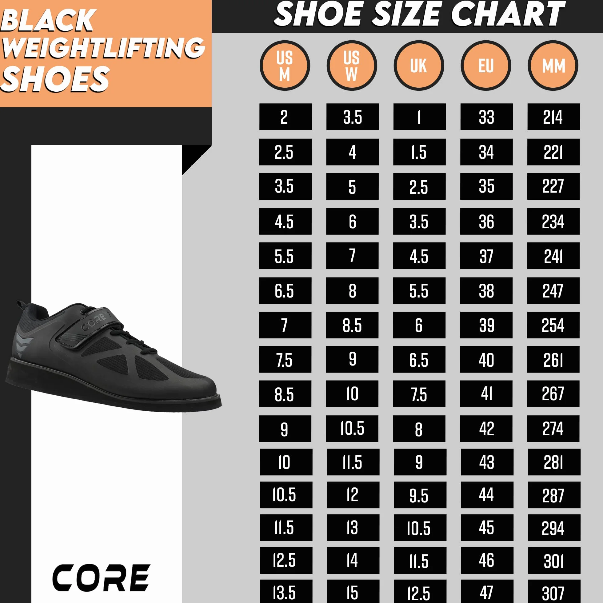 CORE Chaussures d'Haltérophilie Antidérapante Talon 3cm Noir