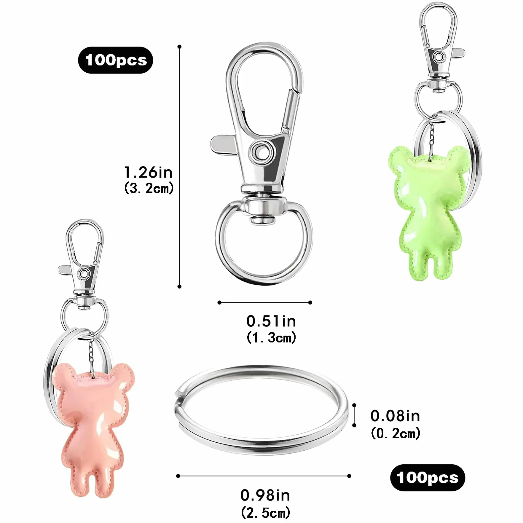 Mousqueton Anneau Porte Clef Métal 200 Pièces Pivotant Keychain Argent