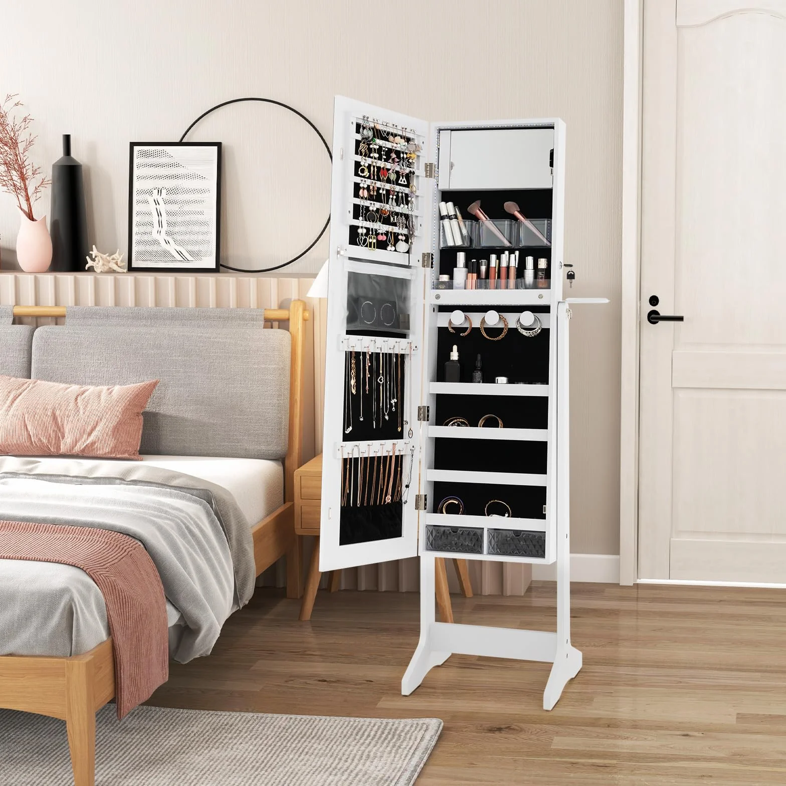 COSTWAY Armoire à Bijoux sur Pied avec Miroir Pleine Longueur, LED 3 Couleurs, Verrouillable, Blanc