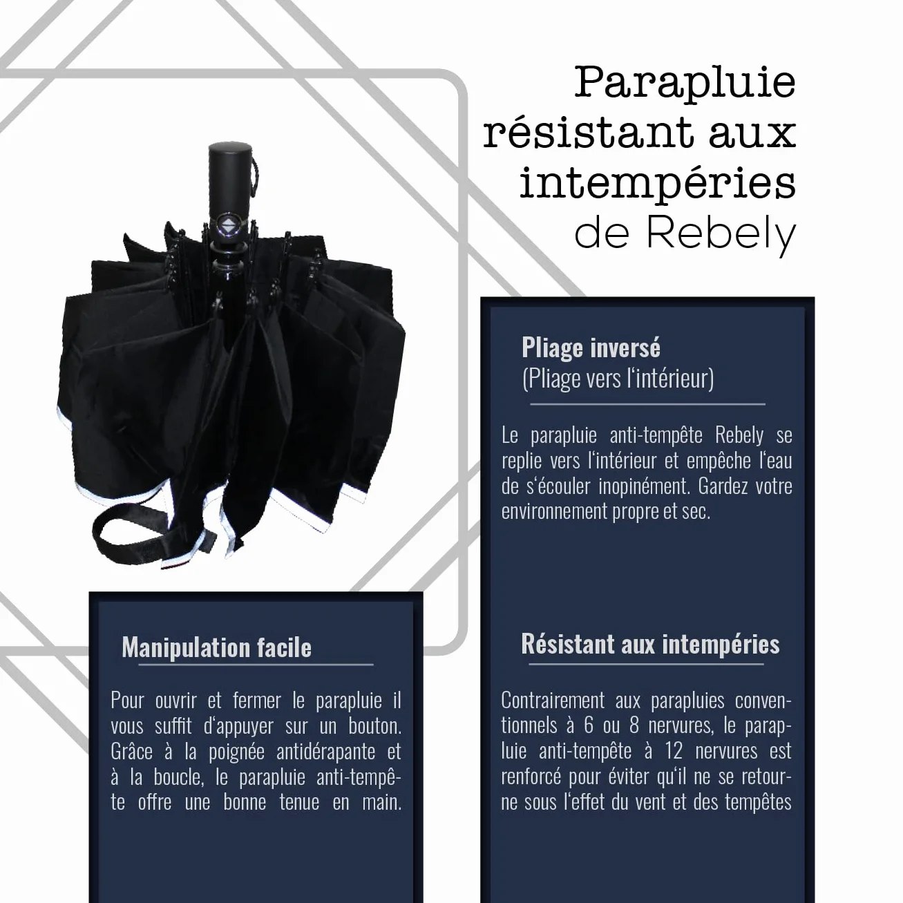 Parapluie anti-tempête extra stable 12 nervures pliage inversé automatique compact femme de poche