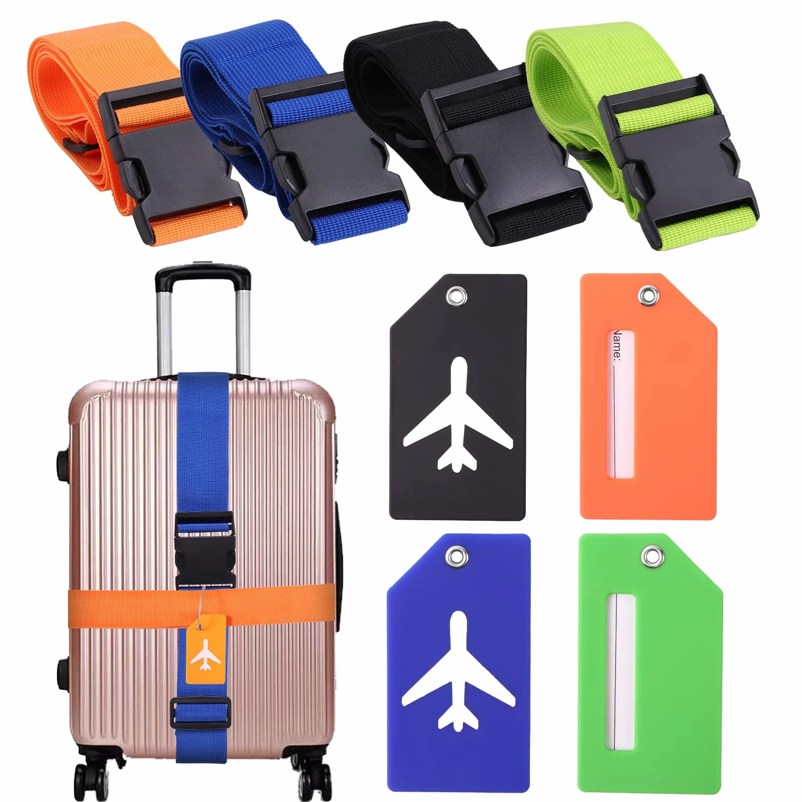 Vinabo 4pcs Sangles de Bagage Réglables avec Boucle, Ceinture Valise, étiquettes de Bagage avec étiquette Nominative et d'adresse pour Voyager en Avion