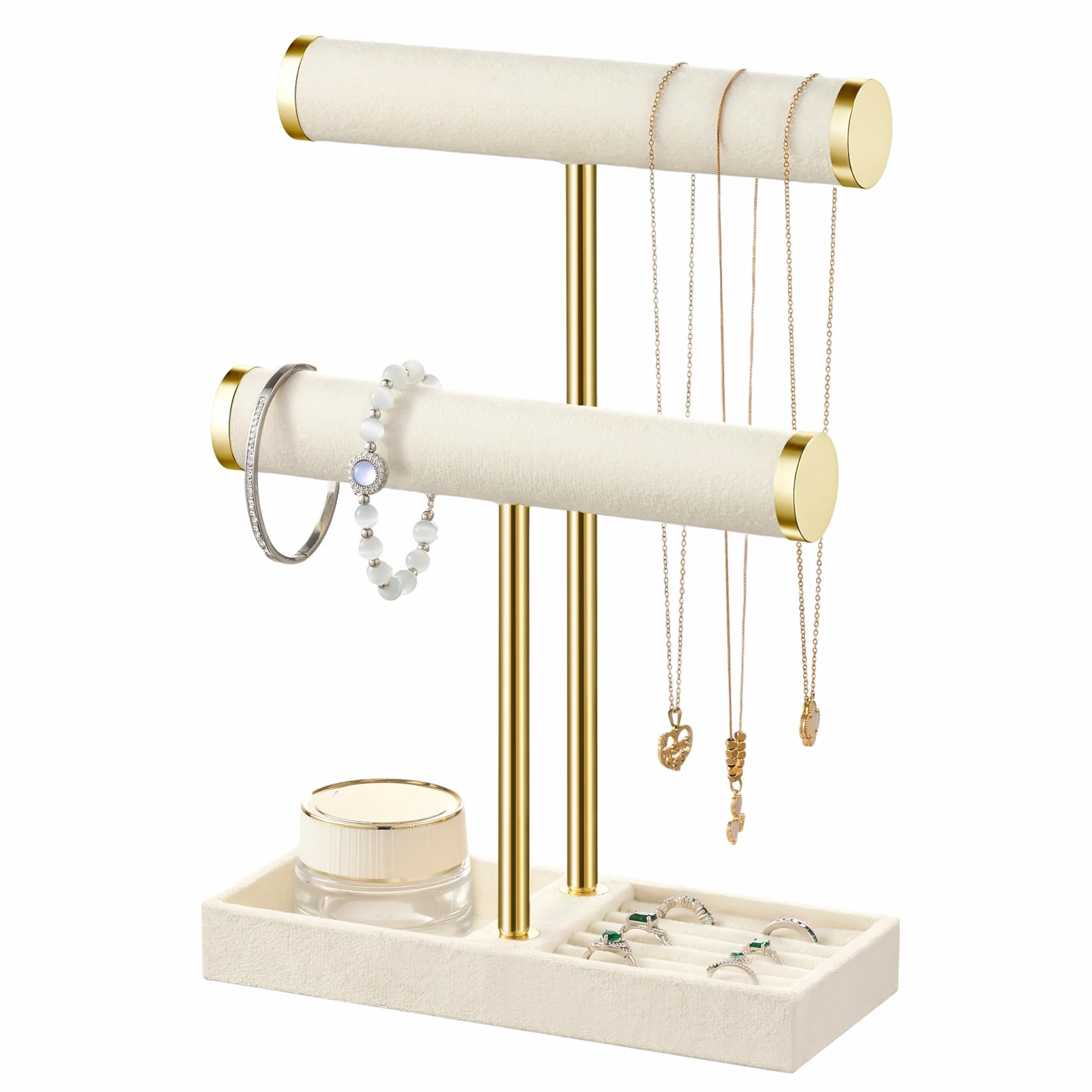 Organisateur de Bijoux à 2 Niveaux Beige - Porte-Bracelets en Velours Amovible pour Bracelets, Colliers, Montres