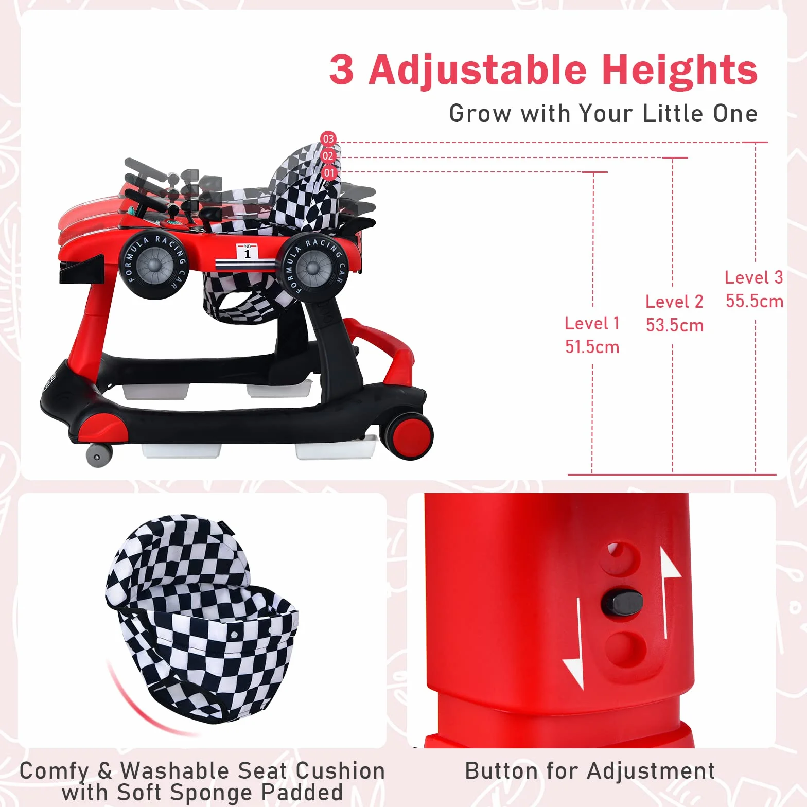 LIFEZEAL Trotteur Bébé 4 en 1 Pliable avec 3 Hauteurs Réglables, Marcheur Musical, 6-18 Mois, 15 kg, Rouge