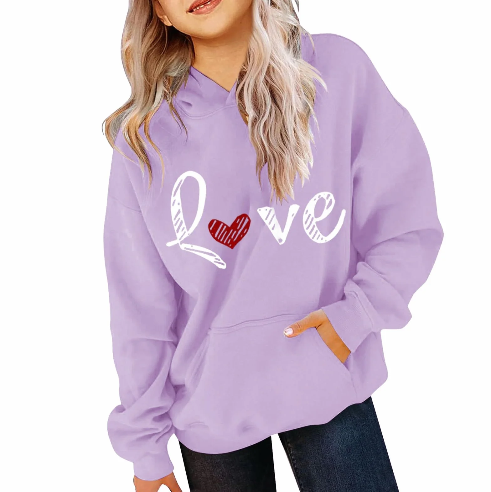 Sweat à capuche surdimensionné pour filles motif cœurs manches longues