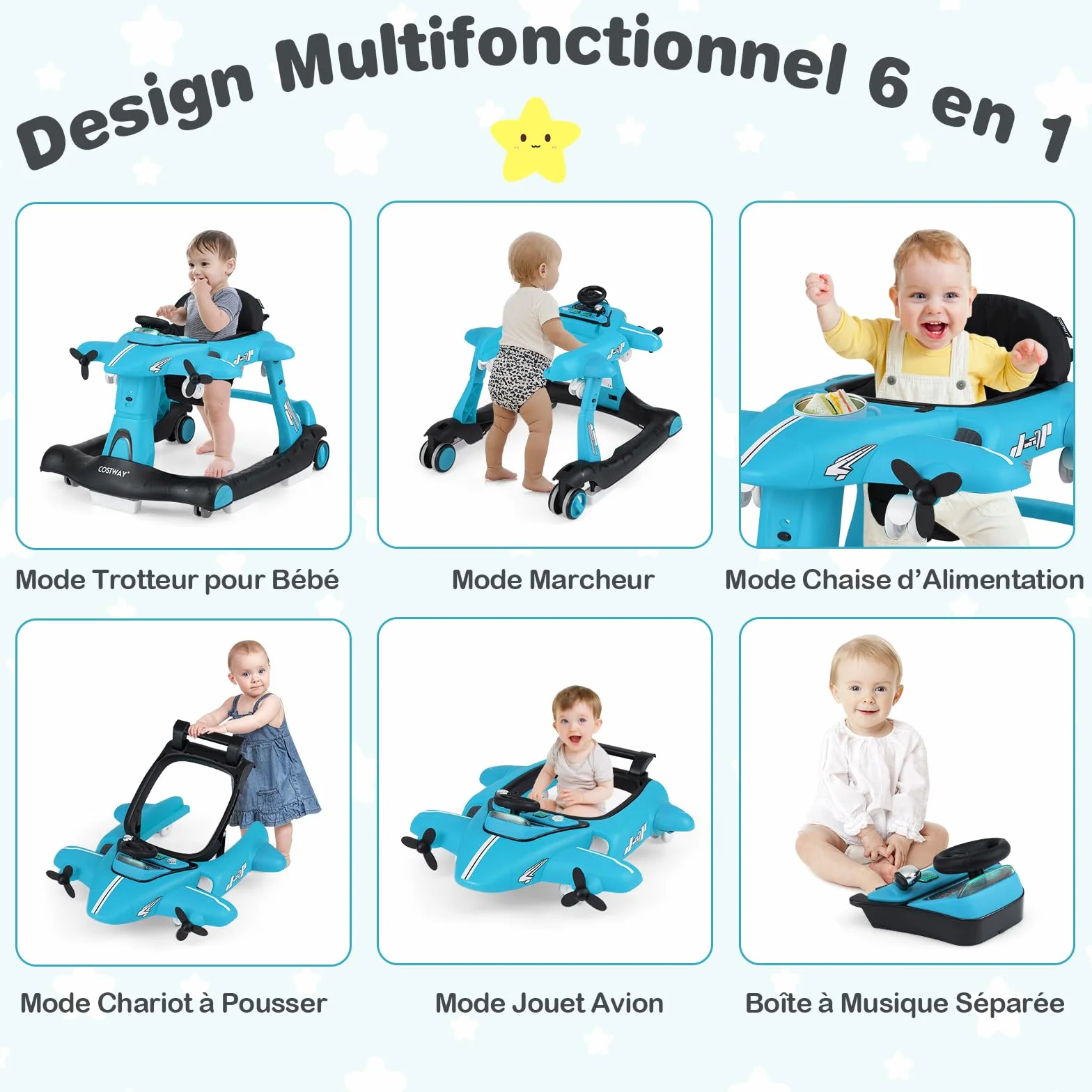 COSTWAY 6 en 1 Trotteur Bébé Pliable avec Hauteur Réglable, Roues Silencieuses, Charge 12kg (Bleu)