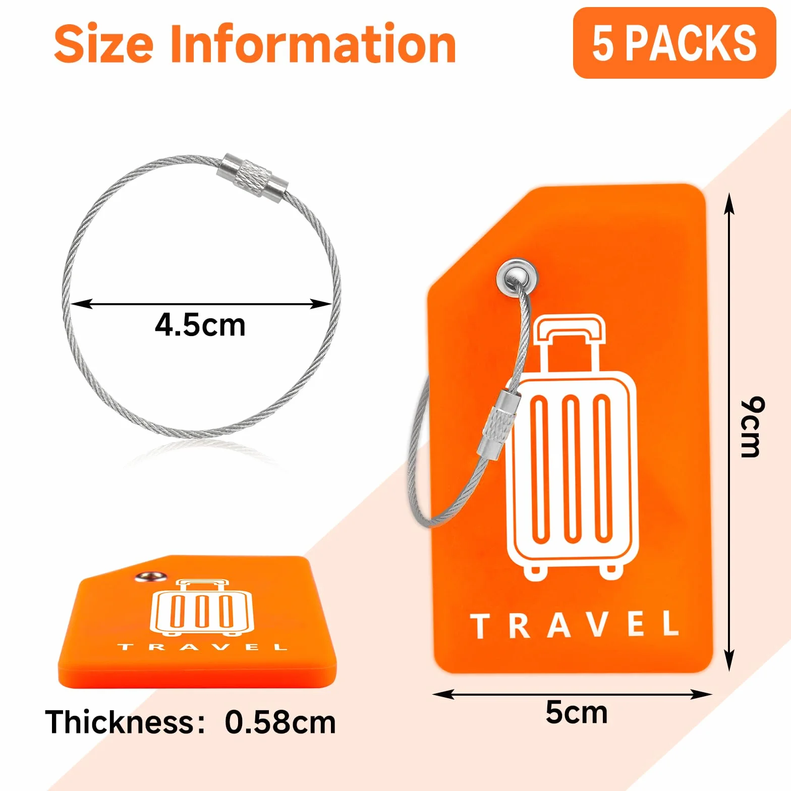 Teskyer 5 Pièces Étiquettes Valise Silicone avec Boucles Acier Orange