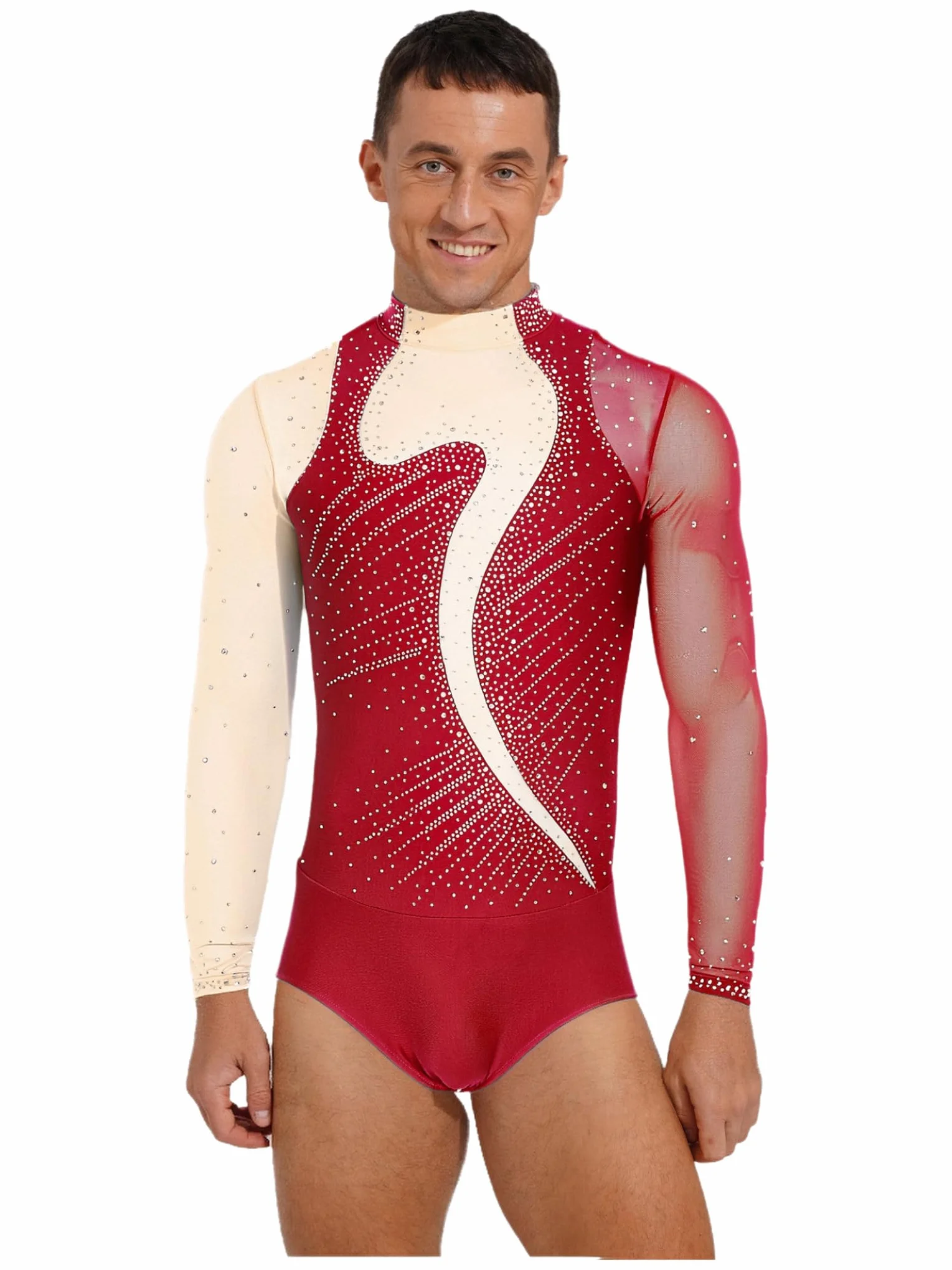 Justaucorps Gymnastique Homme Manches Longues Strass Brillant Costume Compétition