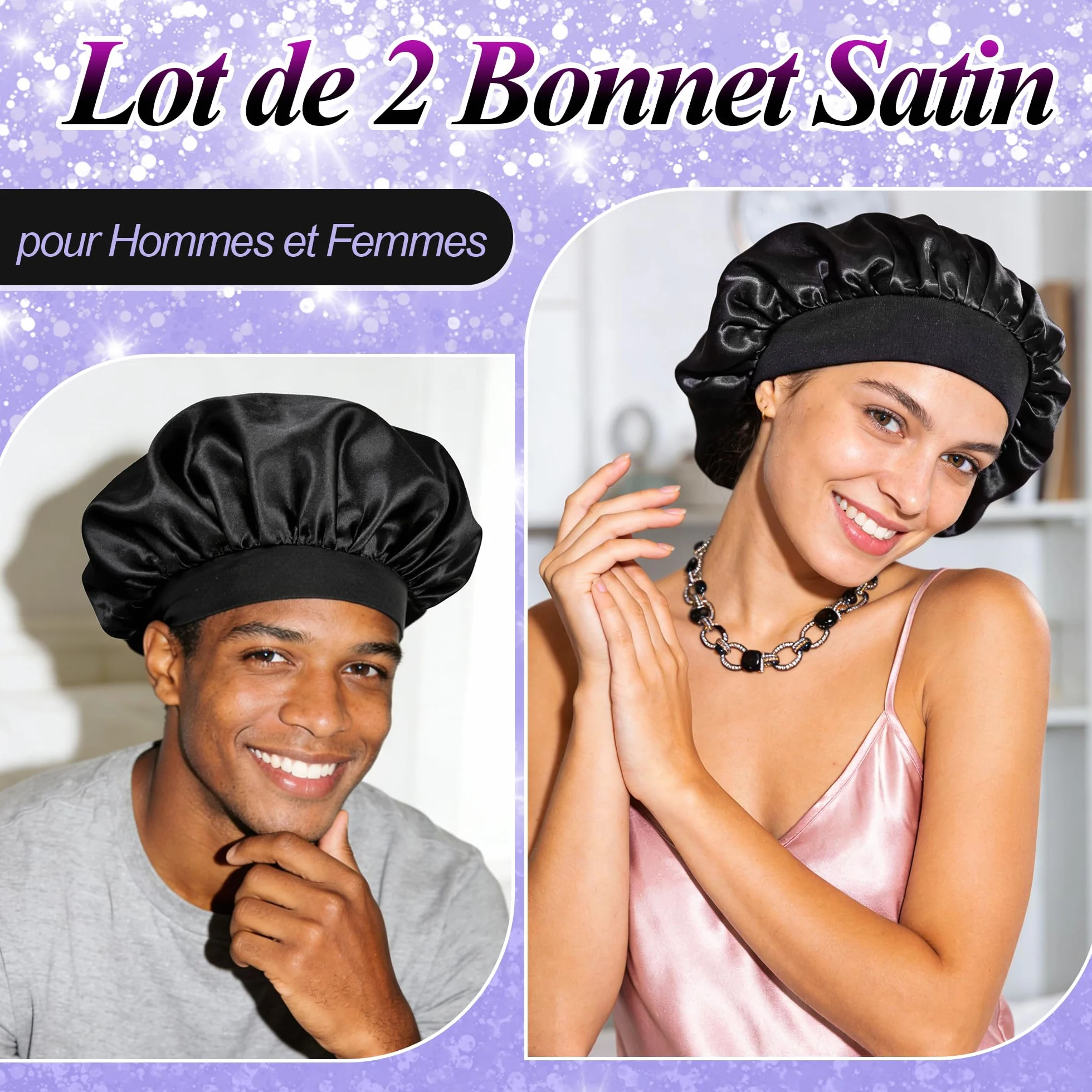 Lot de 2 Bonnets Satin Cheveux Nuit Anti-frisottis - Noir + Argent