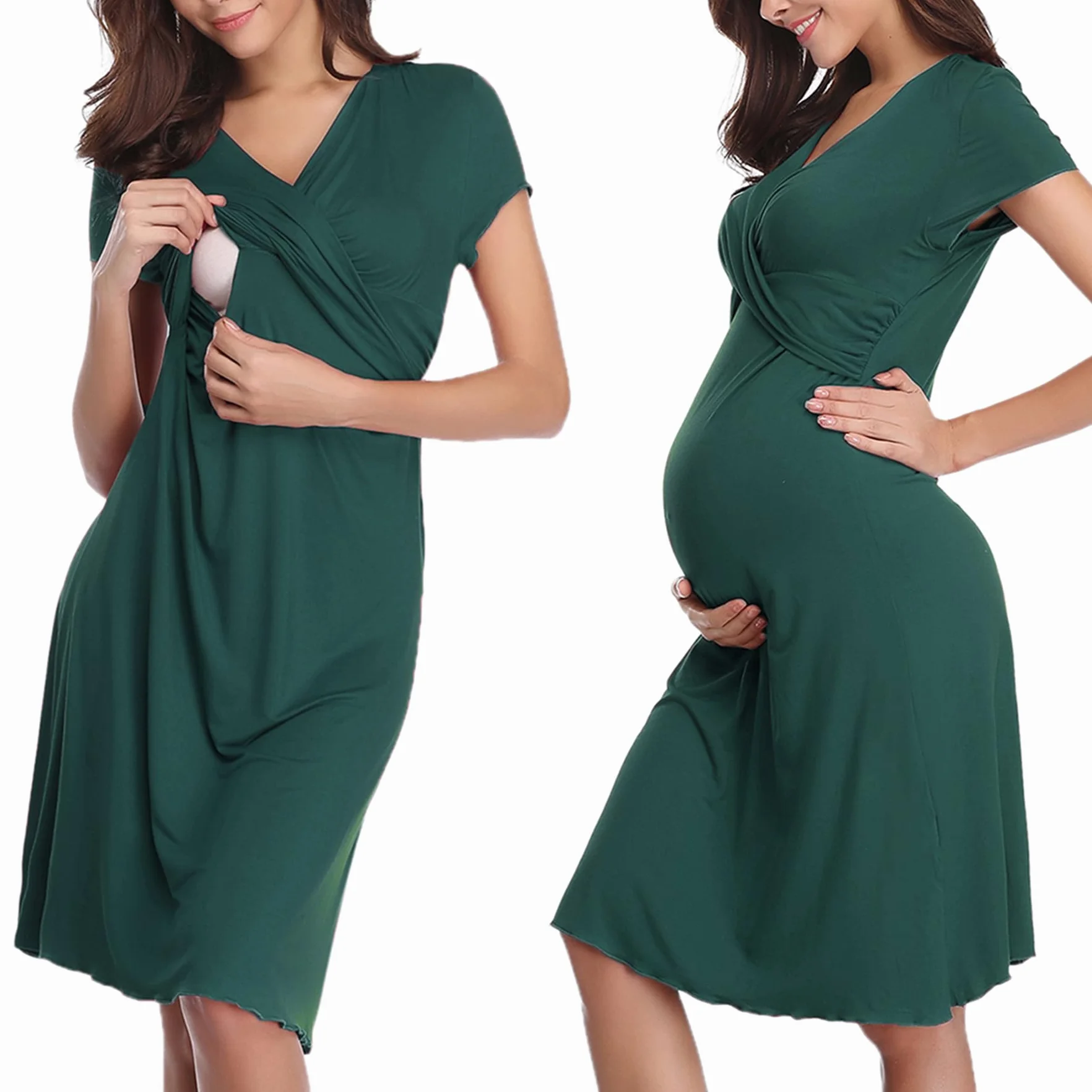Chemise de Nuit Maternité Femme Coton Robe Patineuse d'Allaitement Pyjama Manches Courtes
