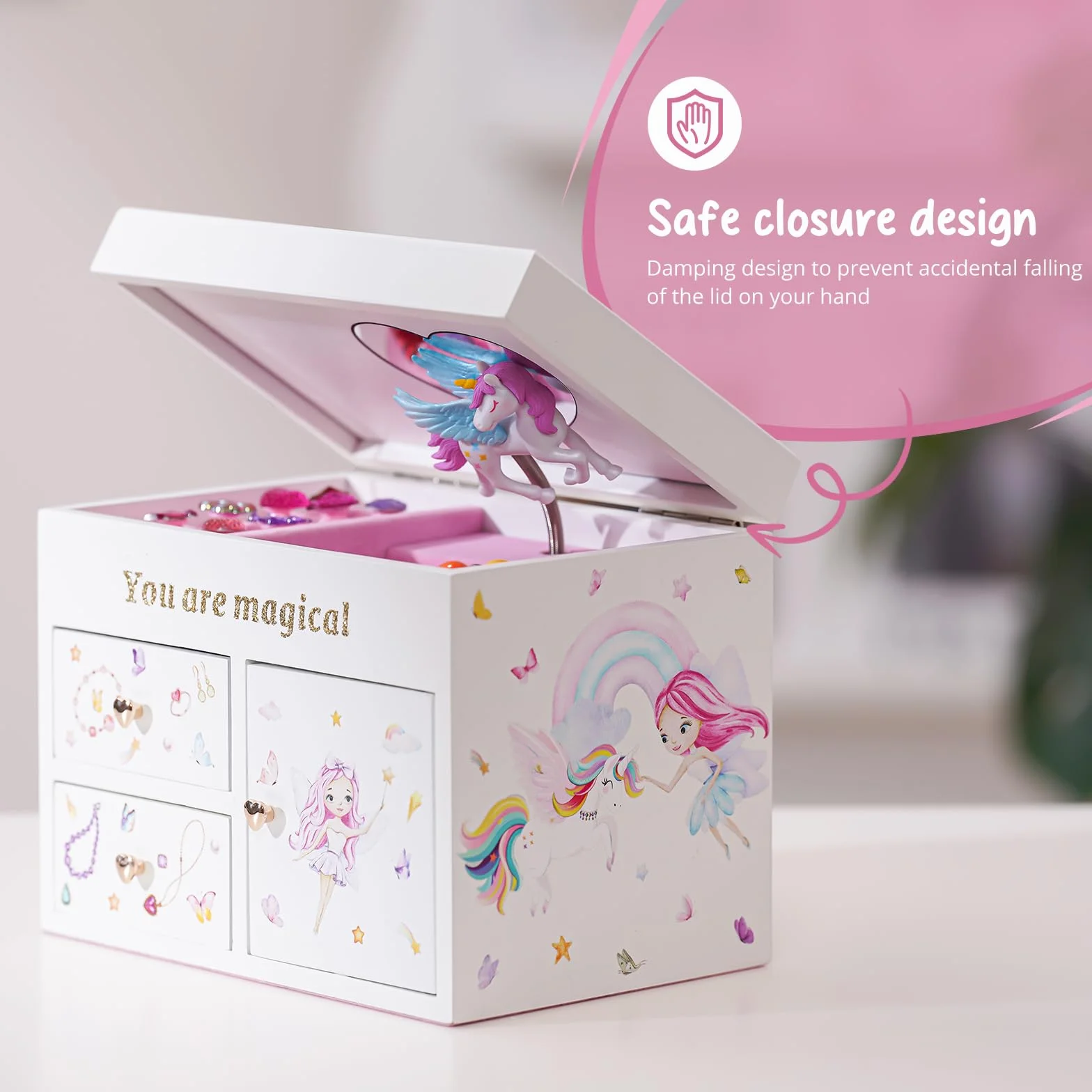 Boîte Bijoux Enfant Licorne Musicale Bois Blanc pour Ranger Colliers Bracelets Bagues Montres