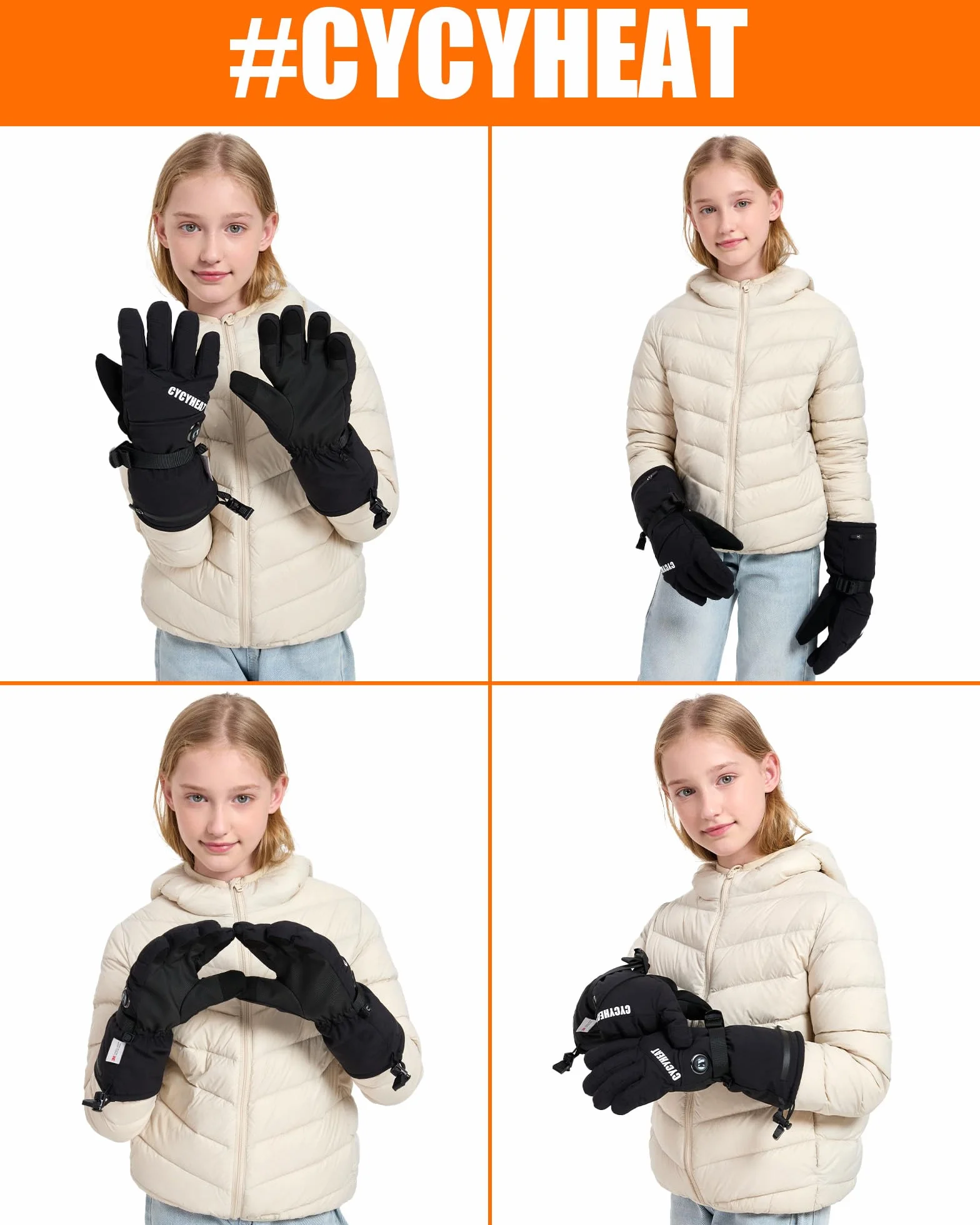 Gants chauffants pour enfants imperméables avec batteries 2700 mAh 3 niveaux chauffage Noir S-M