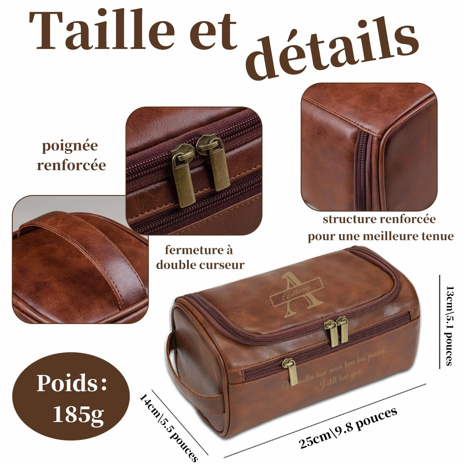Trousse de Toilette Homme Personnalisée Gravée avec Nom ou Initiales, Cadeau Mariage Fête des Pères Saint-Valentin (Châtain foncé)