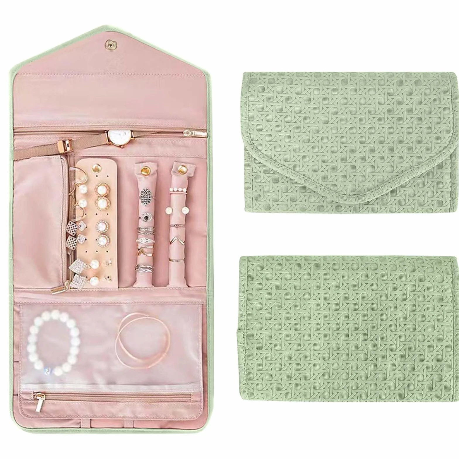 Sac à Bijoux en Rouleau Pochette Voyage Imperméable Organisateur Pliable Vert