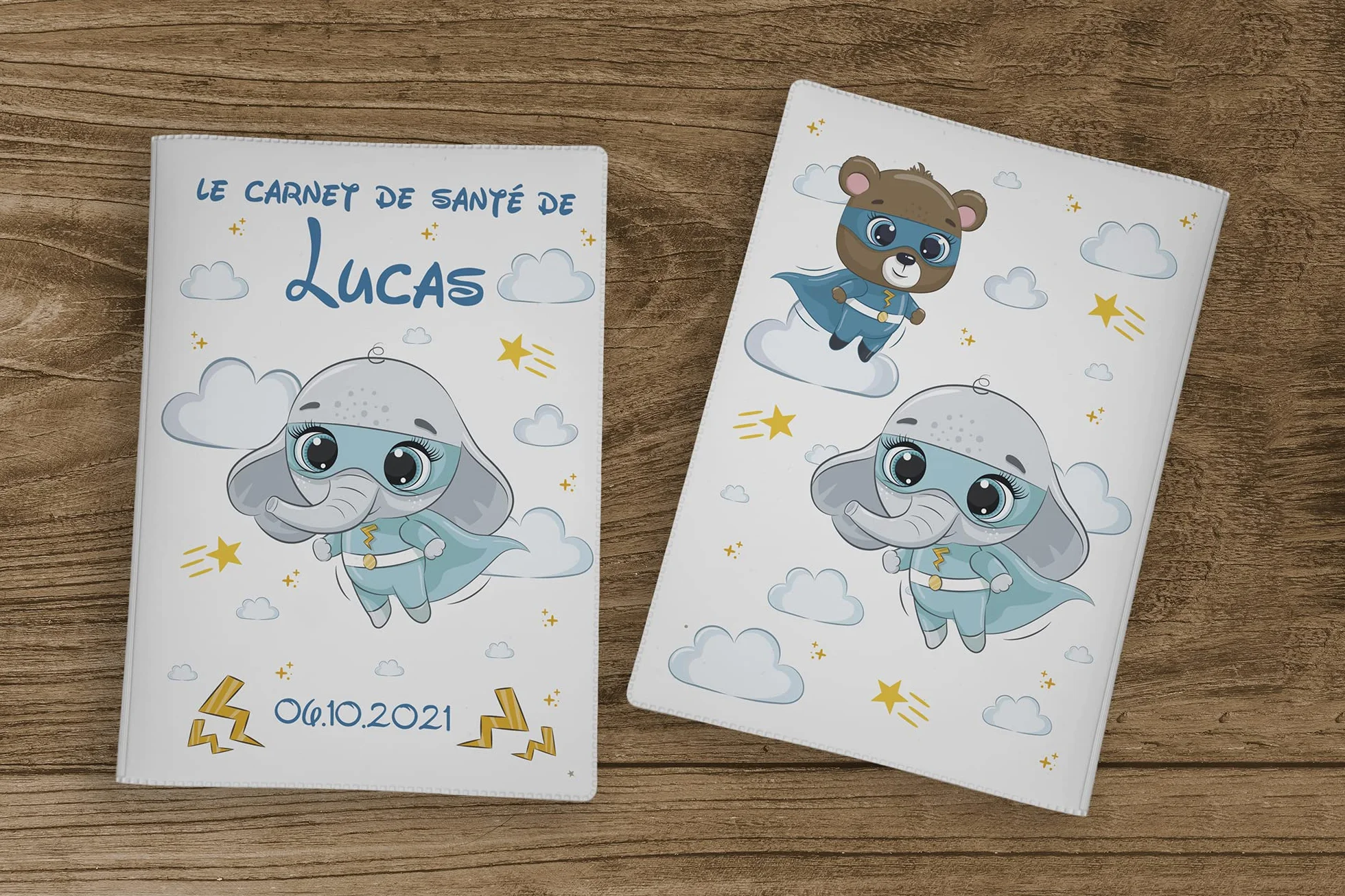 Housse carnet de santé personnalisé Éléphant Super Héros, idée cadeau naissance original