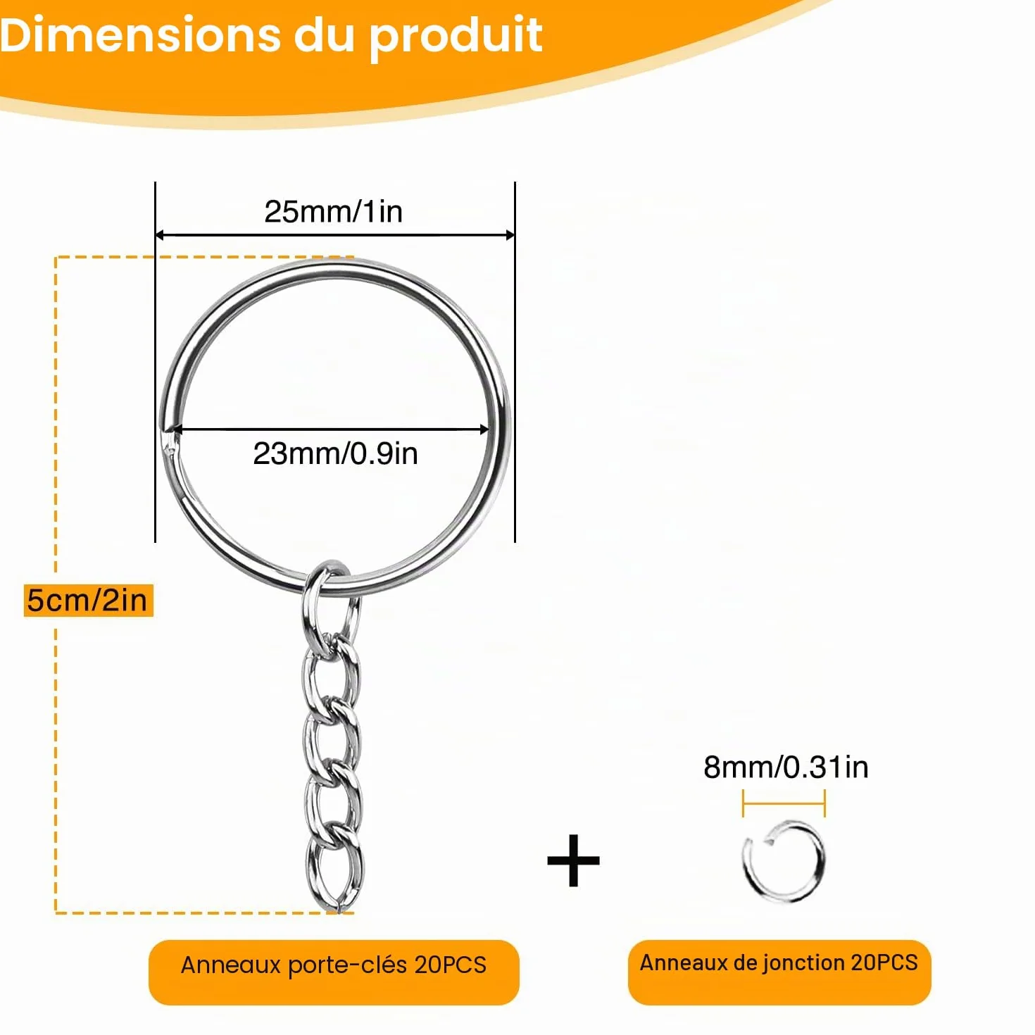 Porte-clés Avec Chaîne 20 Pièces Anneaux de Saut Ouverts 25 mm pour Loisirs Créatifs Bricolage