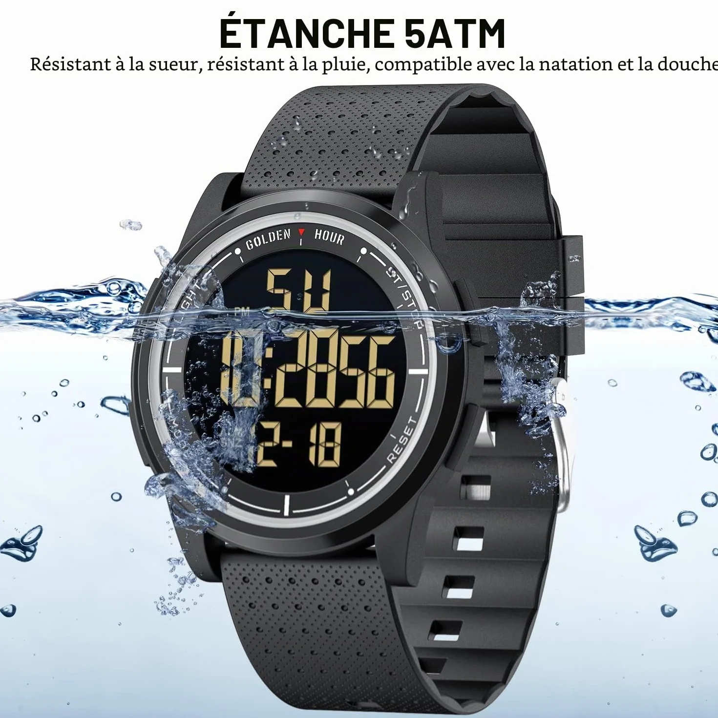 GOLDEN HOUR Montre Digitale étanche Ultra-Mince pour Hommes avec Affichage Grand Angle Bracelet en Caoutchouc