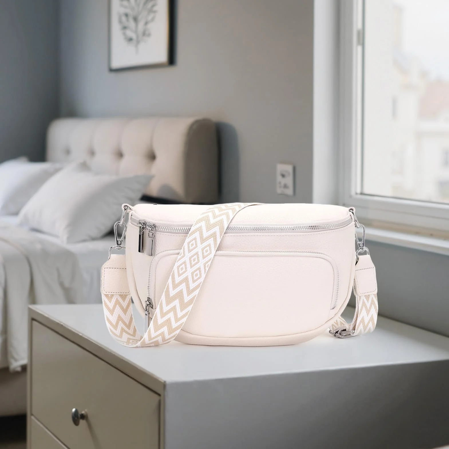 Grand sac banane femme cuir vegan sacoche bandoulière réglable poches multiples