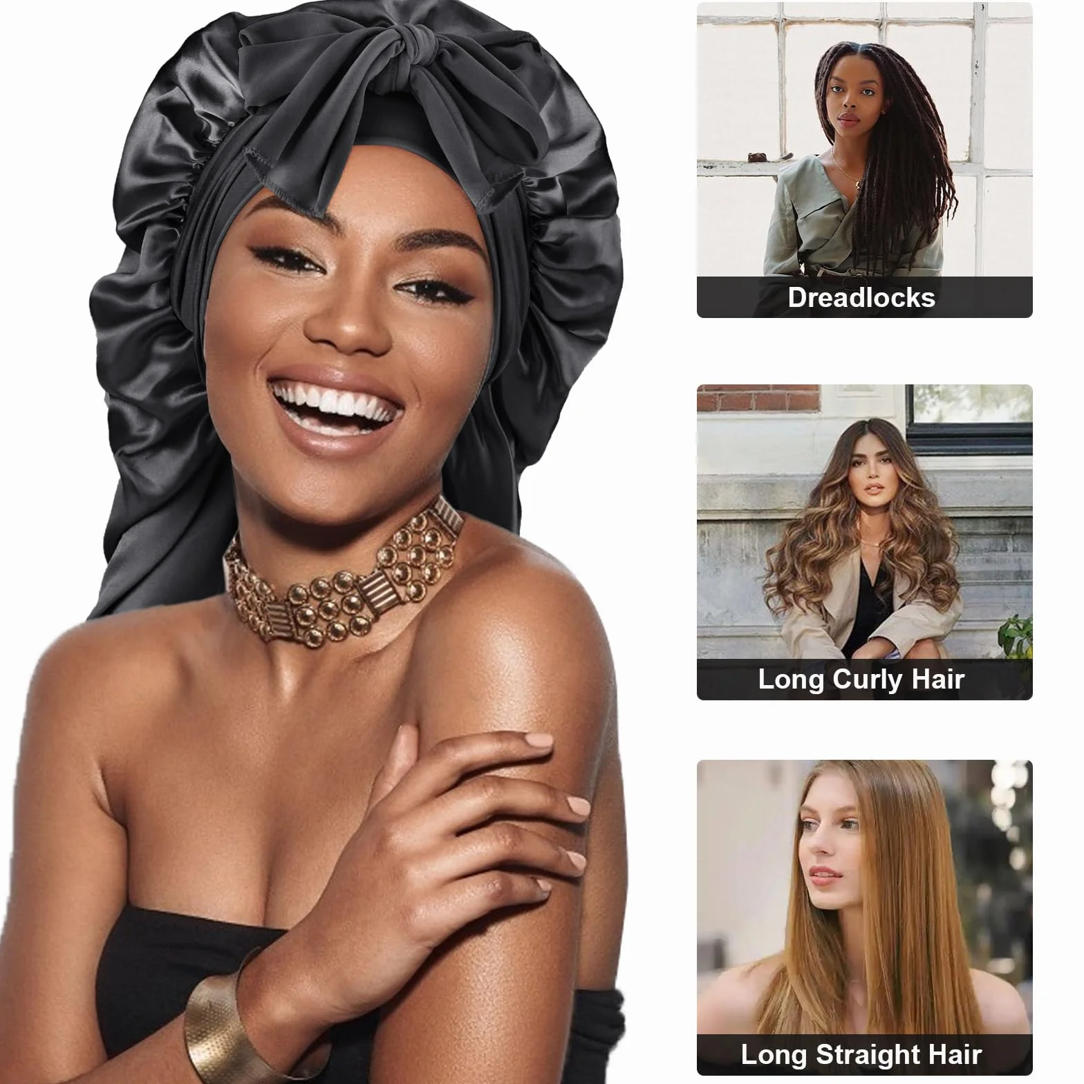 DRESHOW Bonnet Long en Satin Tressé pour Cheveux Longs Bouclés Locs