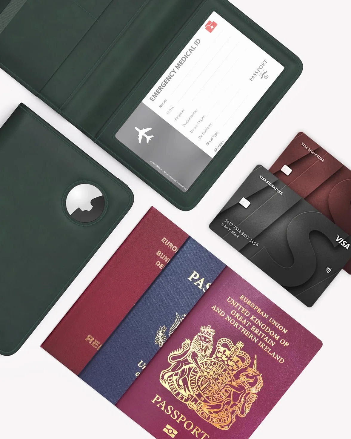 Portefeuille Passeport Similicuir Vert Foncé avec Airtag pour Femmes Hommes