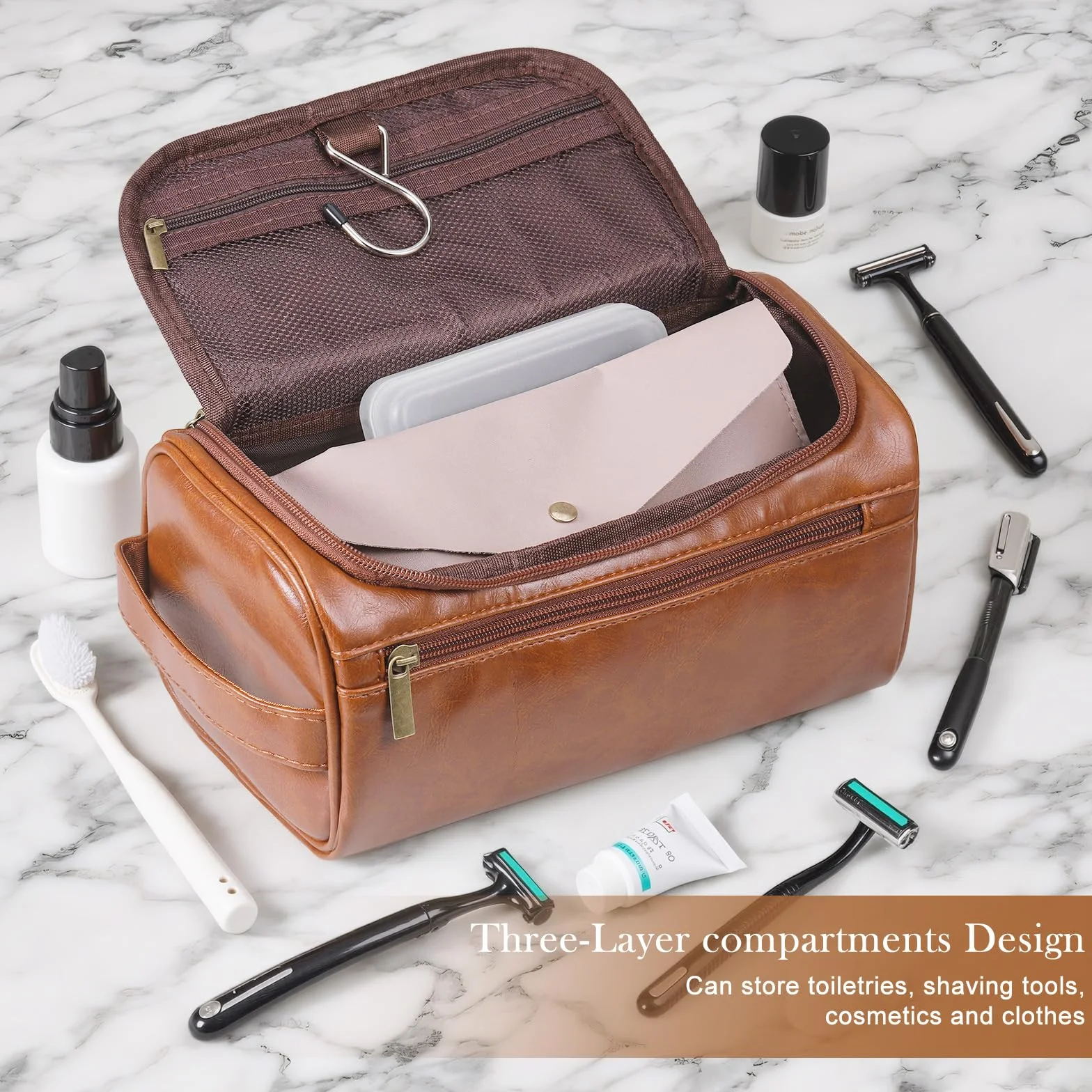 Zocipro Trousse de Toilette Homme Cuir PU Grand Sac Voyage 3 Compartiments Crochet Poignée