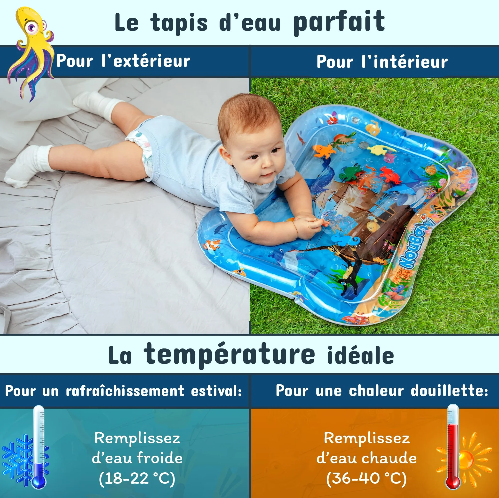 NouBaby Tapis Eau Bebe Eveil Sensoriel Tummy Time XXL 0-6 Mois Cadeau Bebe