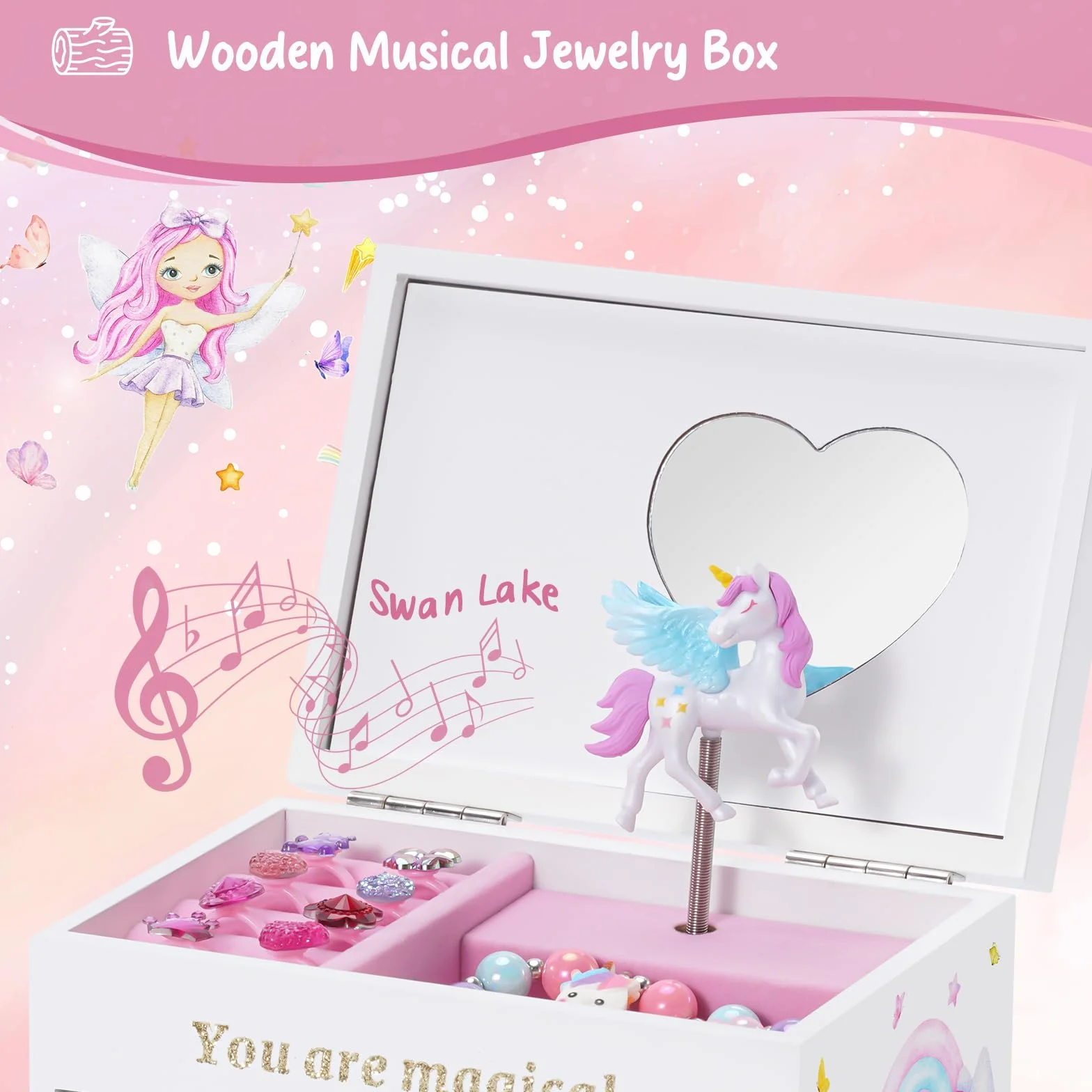 Boîte Bijoux Enfant Licorne Musicale Bois Blanc pour Ranger Colliers Bracelets Bagues Montres
