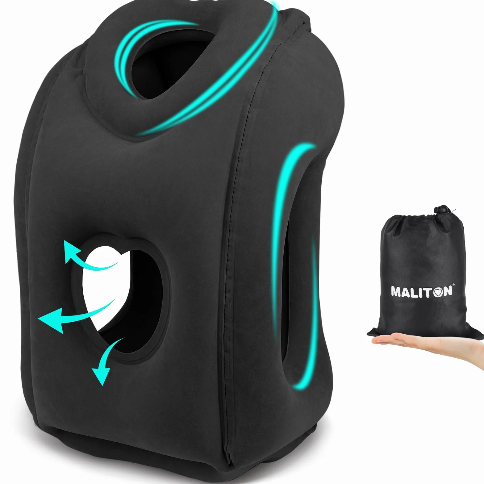 Oreiller de Voyage Gonflable Maliton avec Support d'appui-tête, Coussin Pliable pour Avion, Train, Maison ou Bureau - Noir