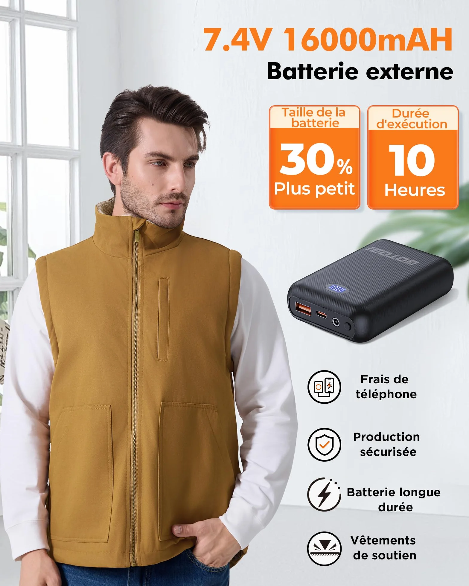 Gilet Chauffant Homme 16000mAh 7,4V 9 Zones 3 Températures Veste Polaire Coupe-Vent