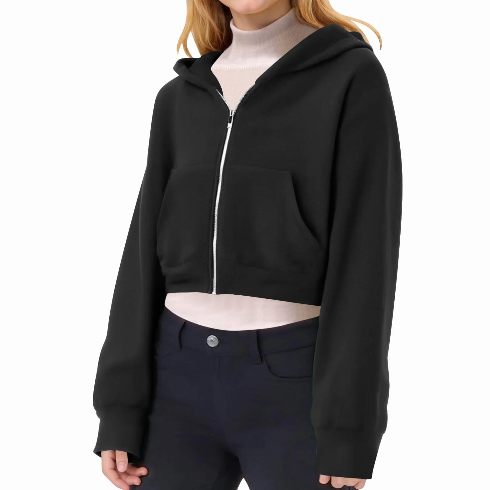Sweat Court Fille à Capuche Zippée Veste Crop Top Sweatshirt Ado Manche Longue Hiver