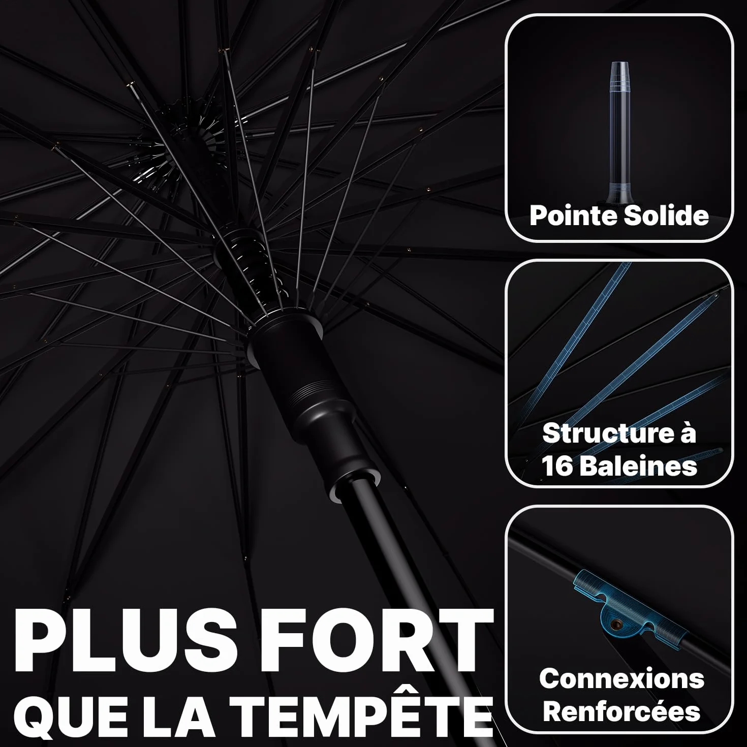 Royal Walk Parapluie Automatique XXL 120cm 16 Baleines Anti Tempête Solide Golf Poignée Bois