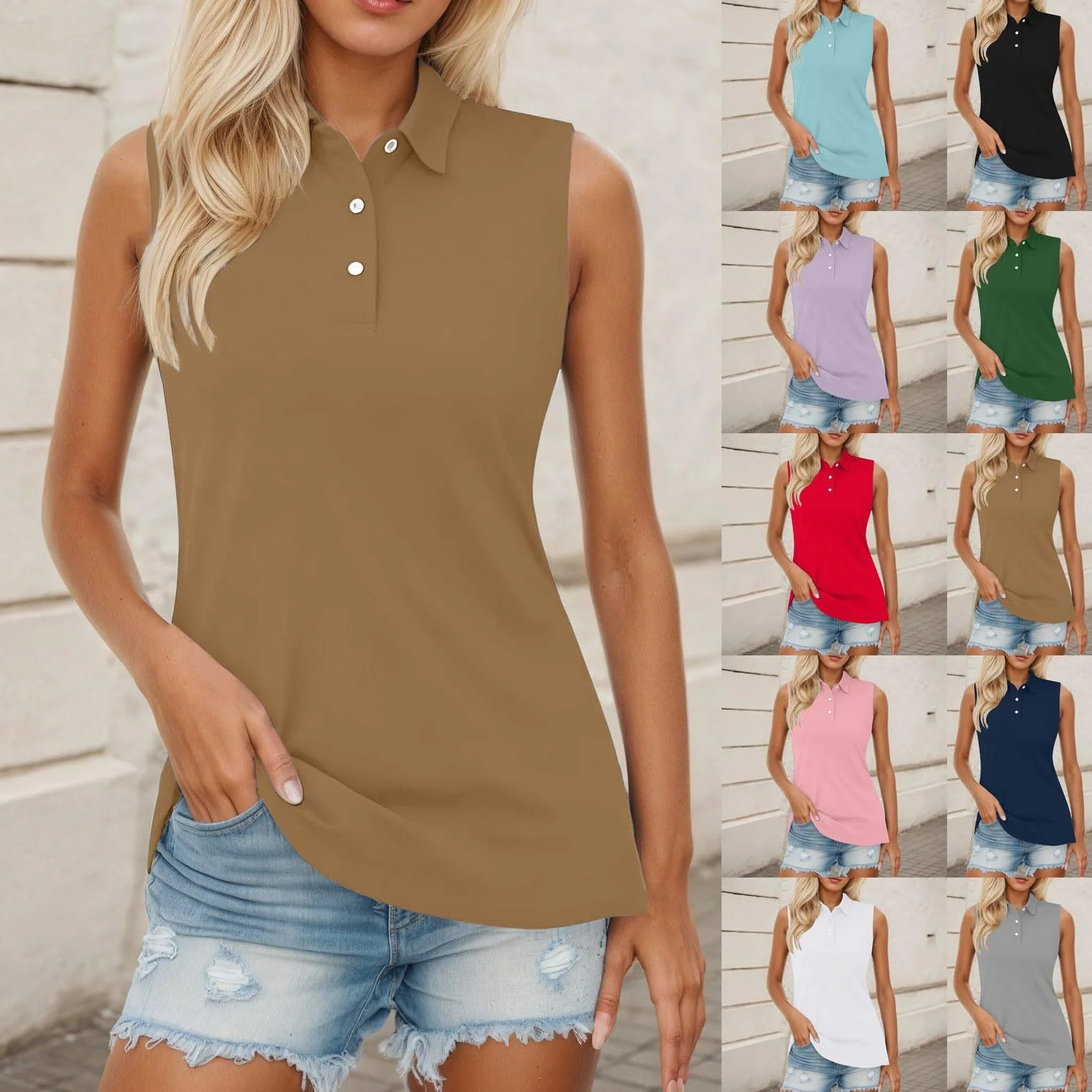 Polo de Golf pour Femme sans Manches Tennis Sport T-Shirt avec Bouton