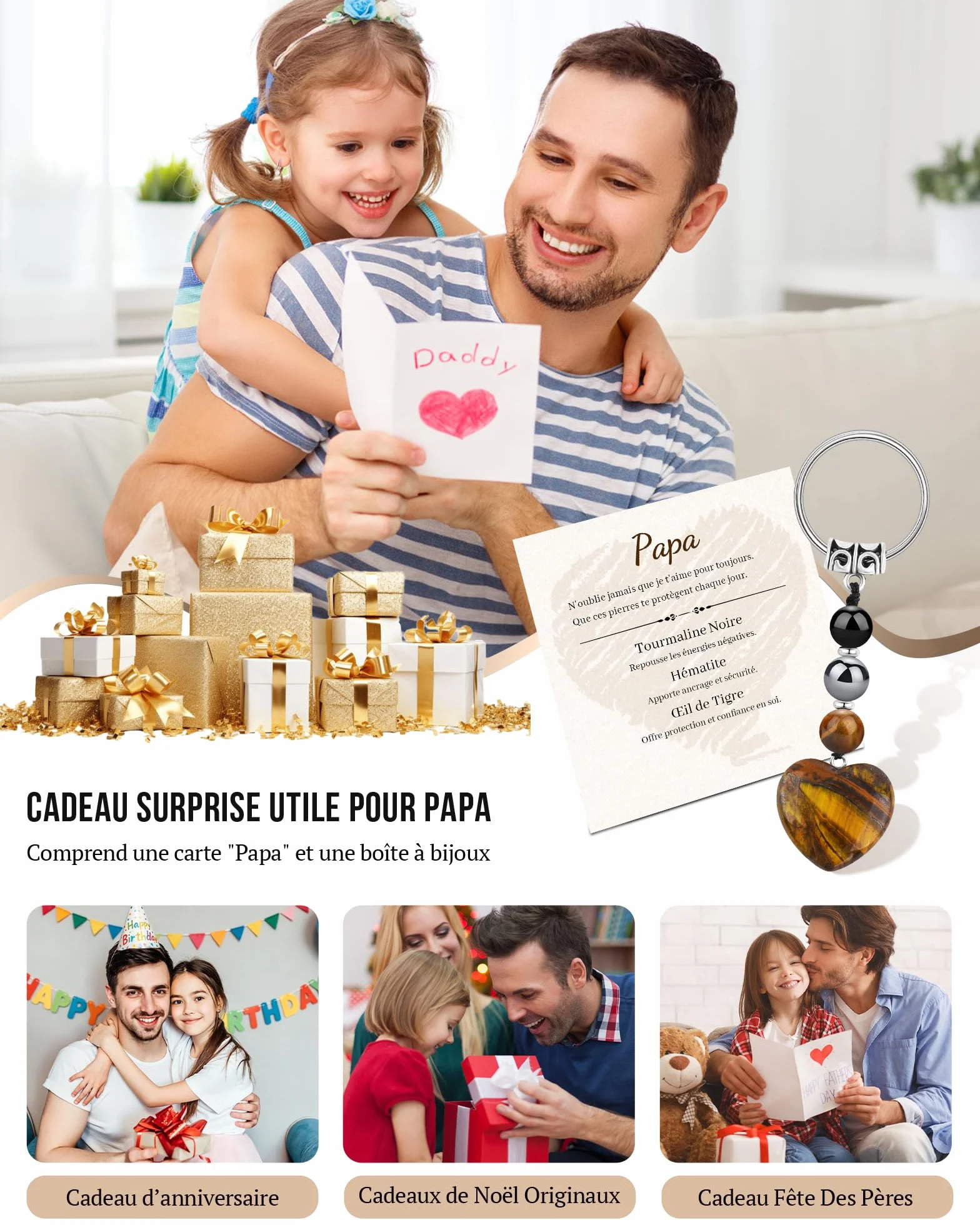 Seyaa Porte Clef Coeur en Oeil de Tigre Cadeau Homme Papa