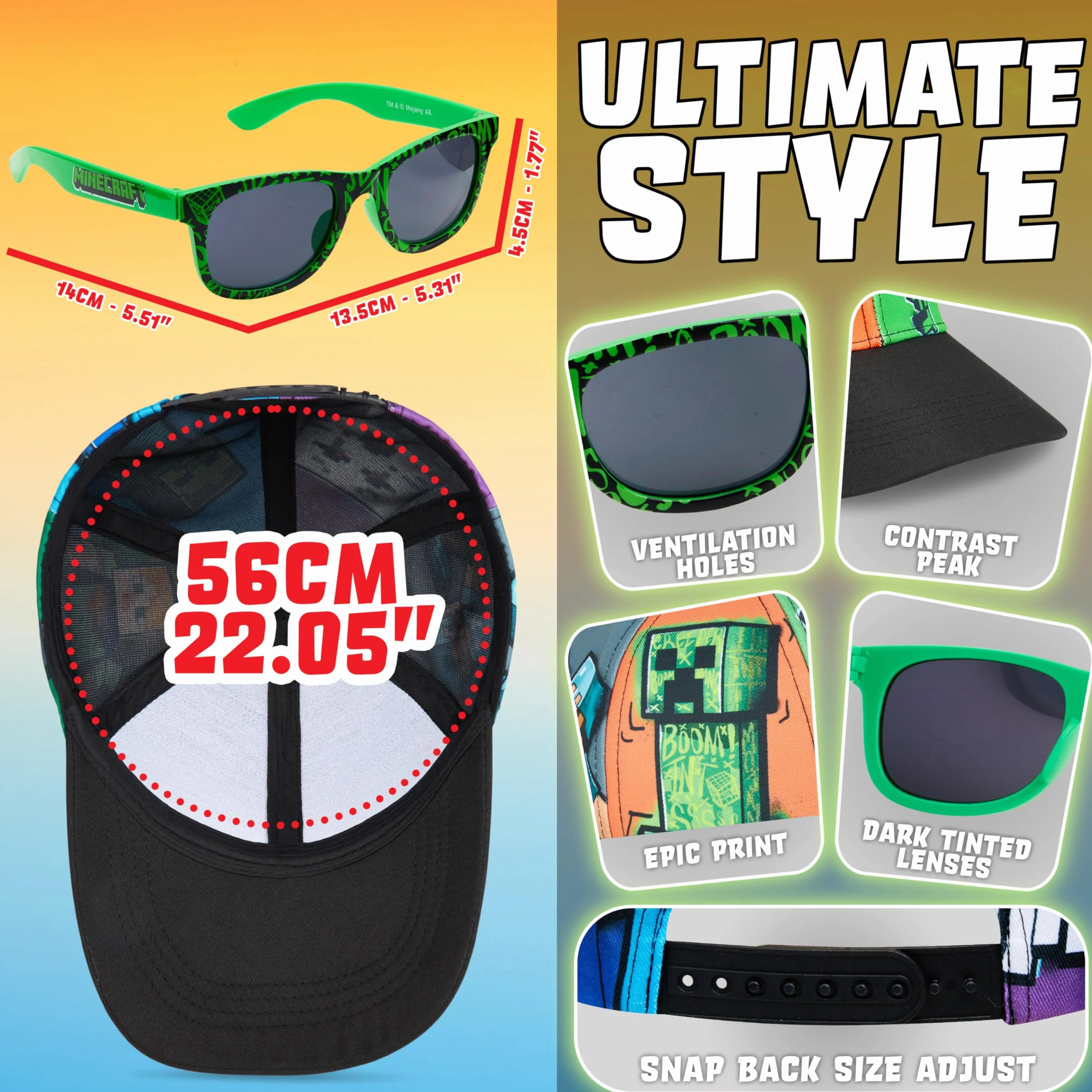 Minecraft Ensemble Casquette Trucker Enfant et Lunettes de Soleil 100% UV Protection Creeper Accessoire Été