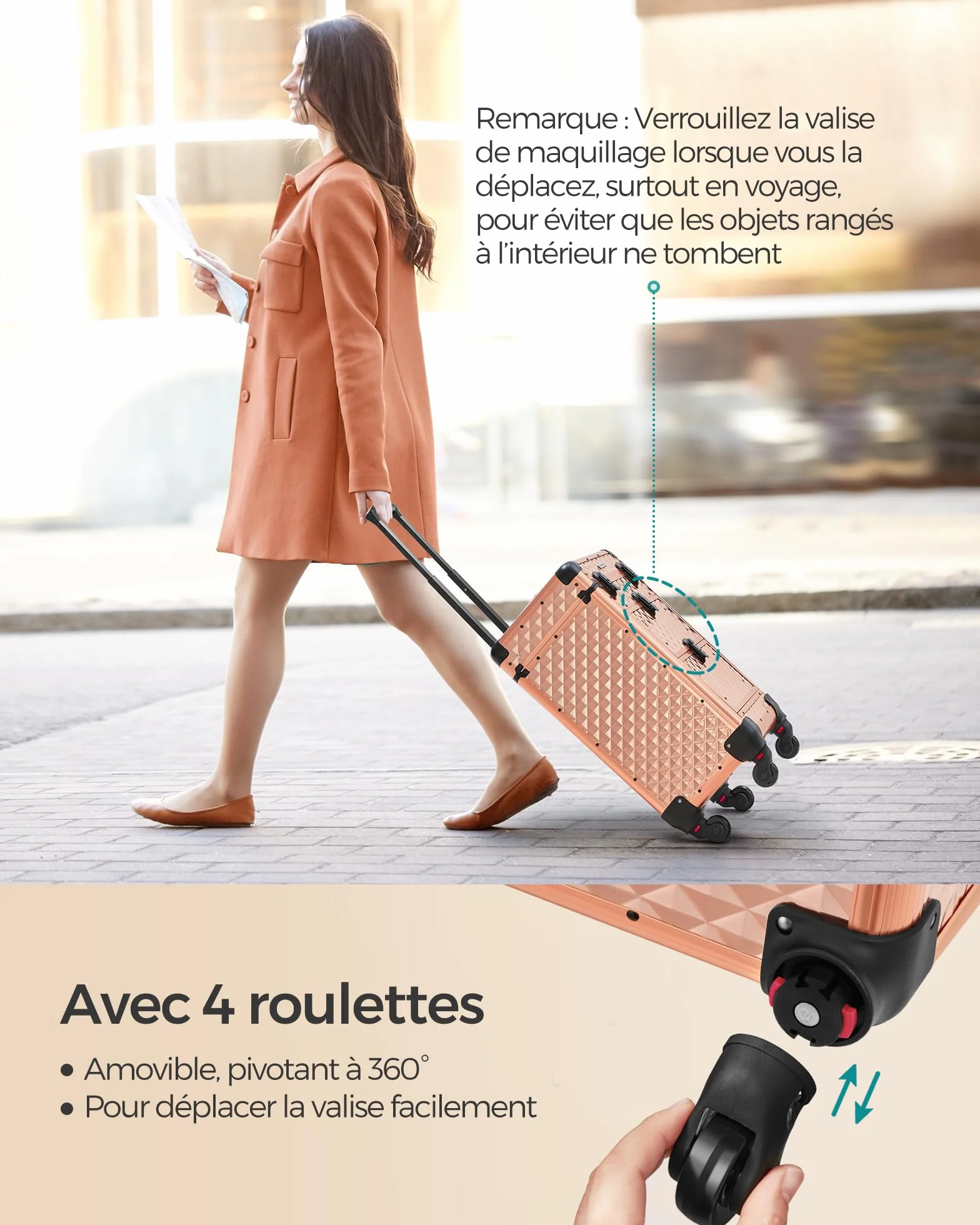 SONGMICS Valise de Maquillage Professionnel, 2 Tiroirs, 34 x 24 x 56 cm, Roulette 360°, Doré Champagne