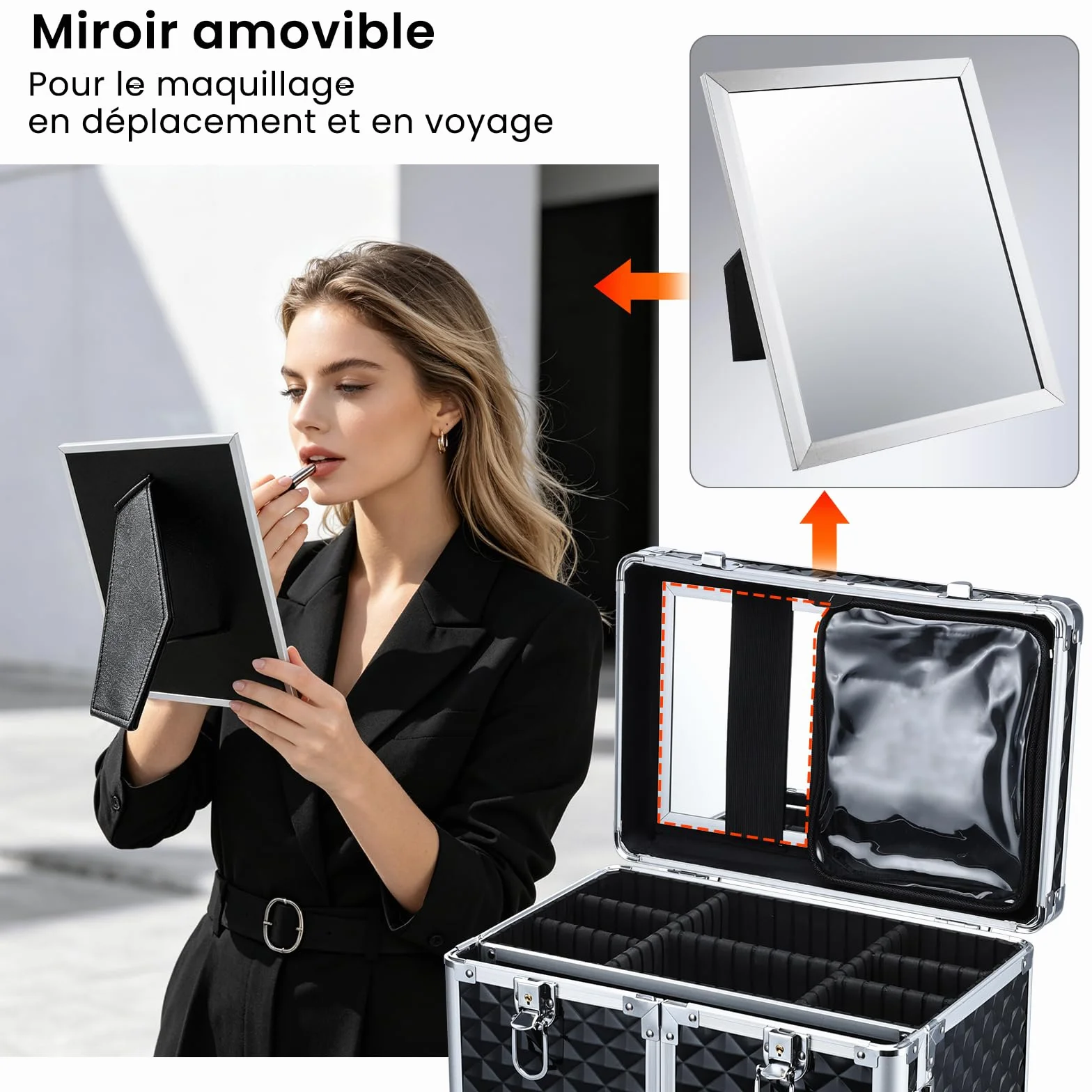 Valise de Maquillage Professionnelle à Roues avec Miroir et Tiroir Coulissant, Noir