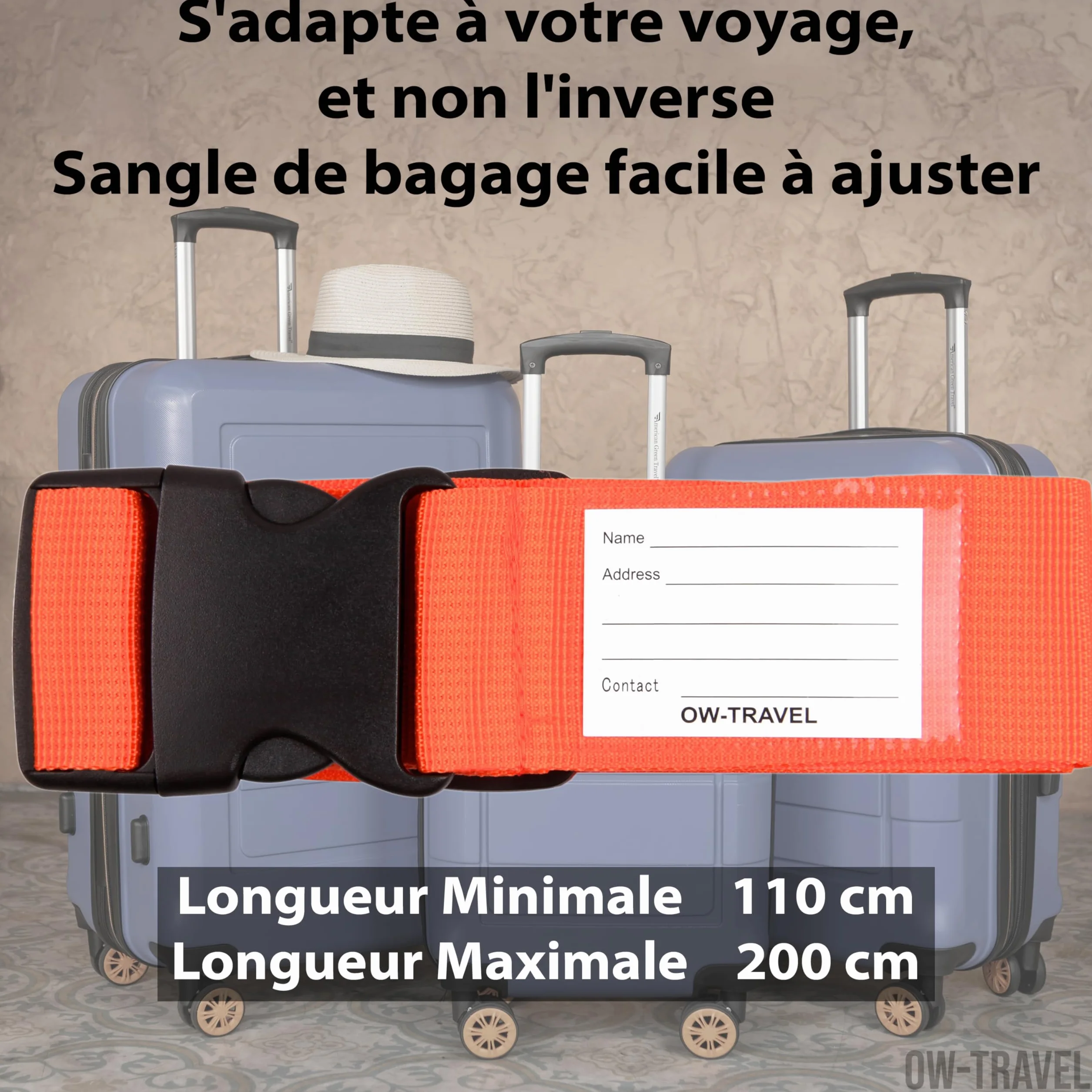 Sangle Valise Voyage OW-Travel Bleue Verte Orange Rose Facile à Repérer avec Etiquette