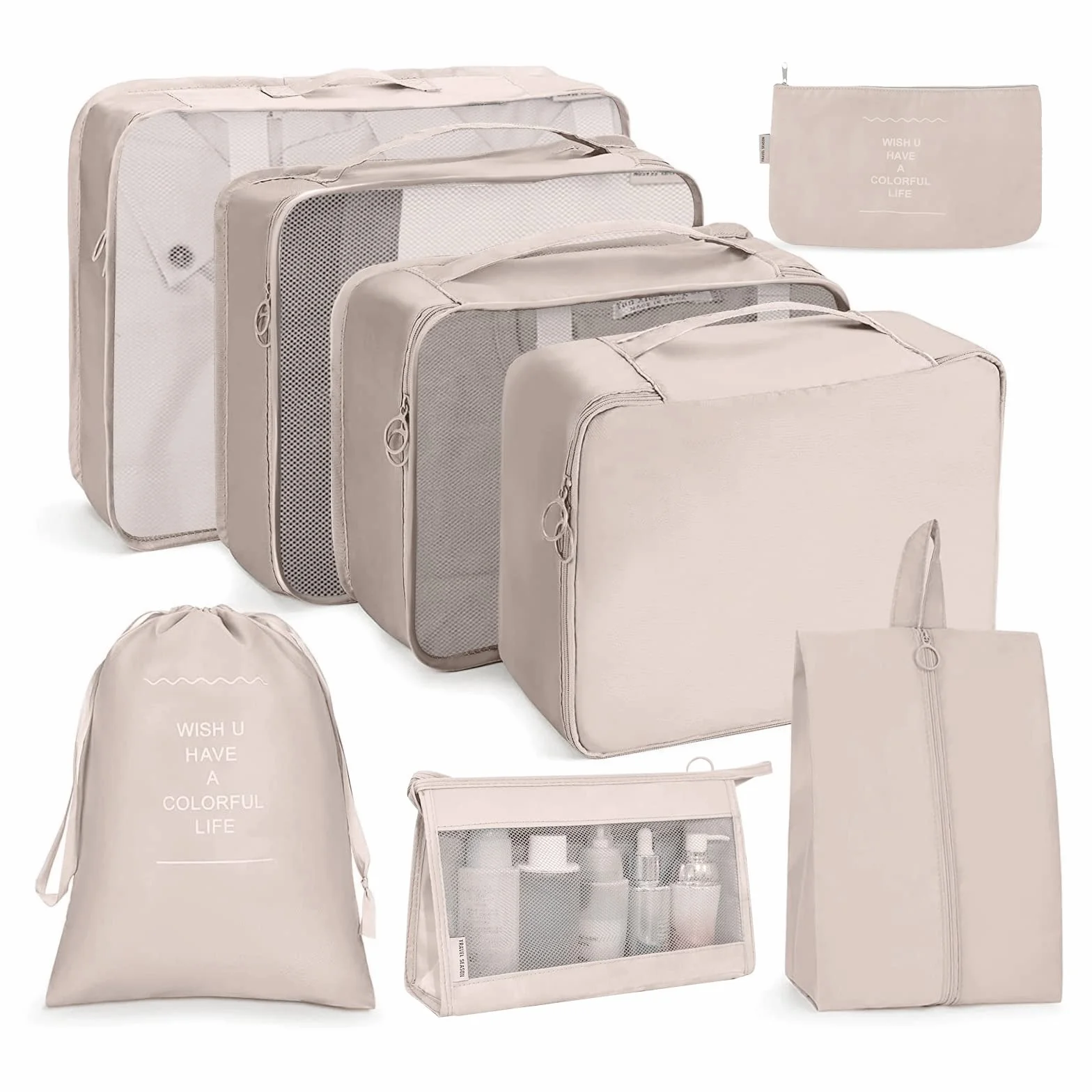 OSDUE Organisateur Valise Lot de 8 Cubes Étanche Sacs de Voyage Rangement Beige