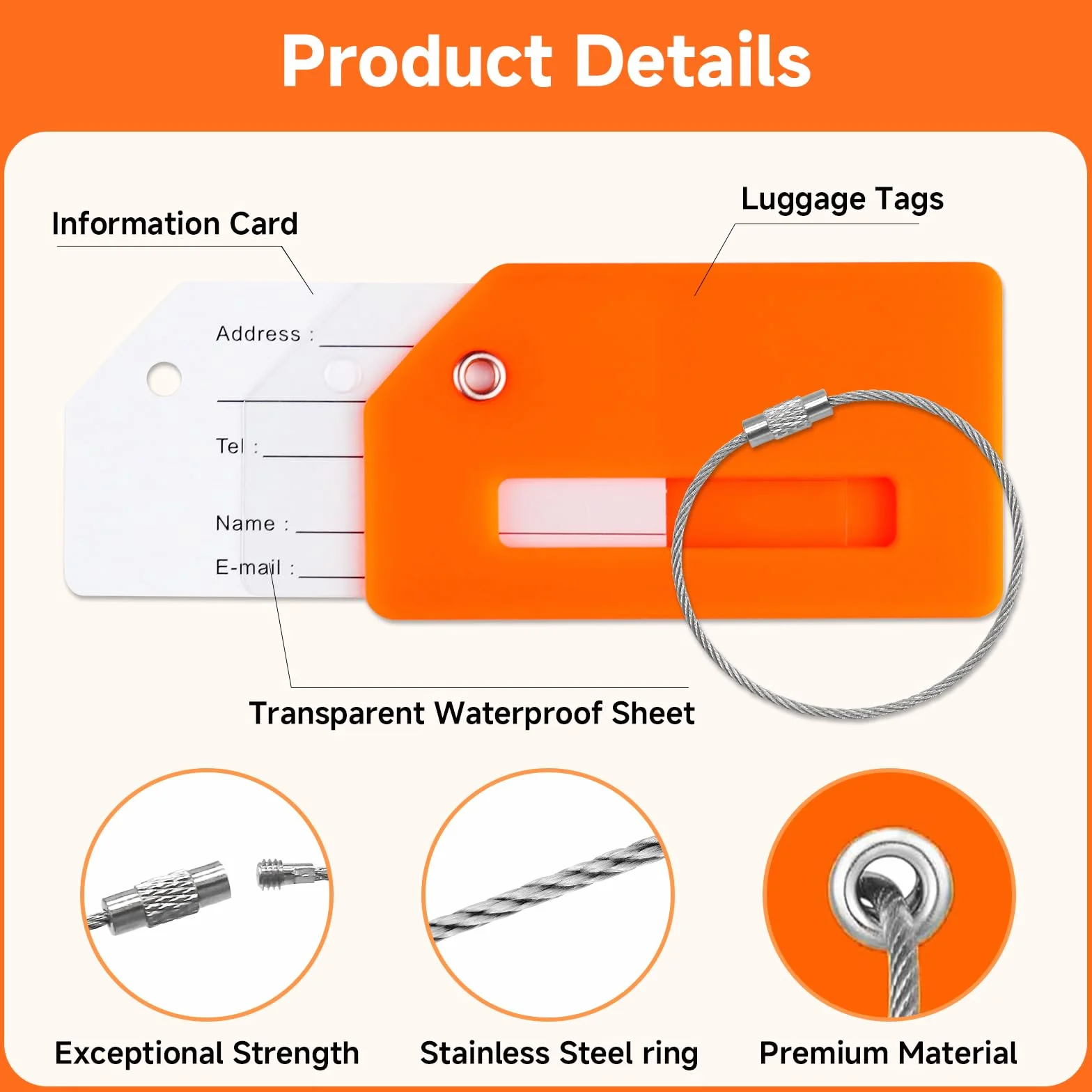 Teskyer 5 Pièces Étiquettes Valise Silicone avec Boucles Acier Orange