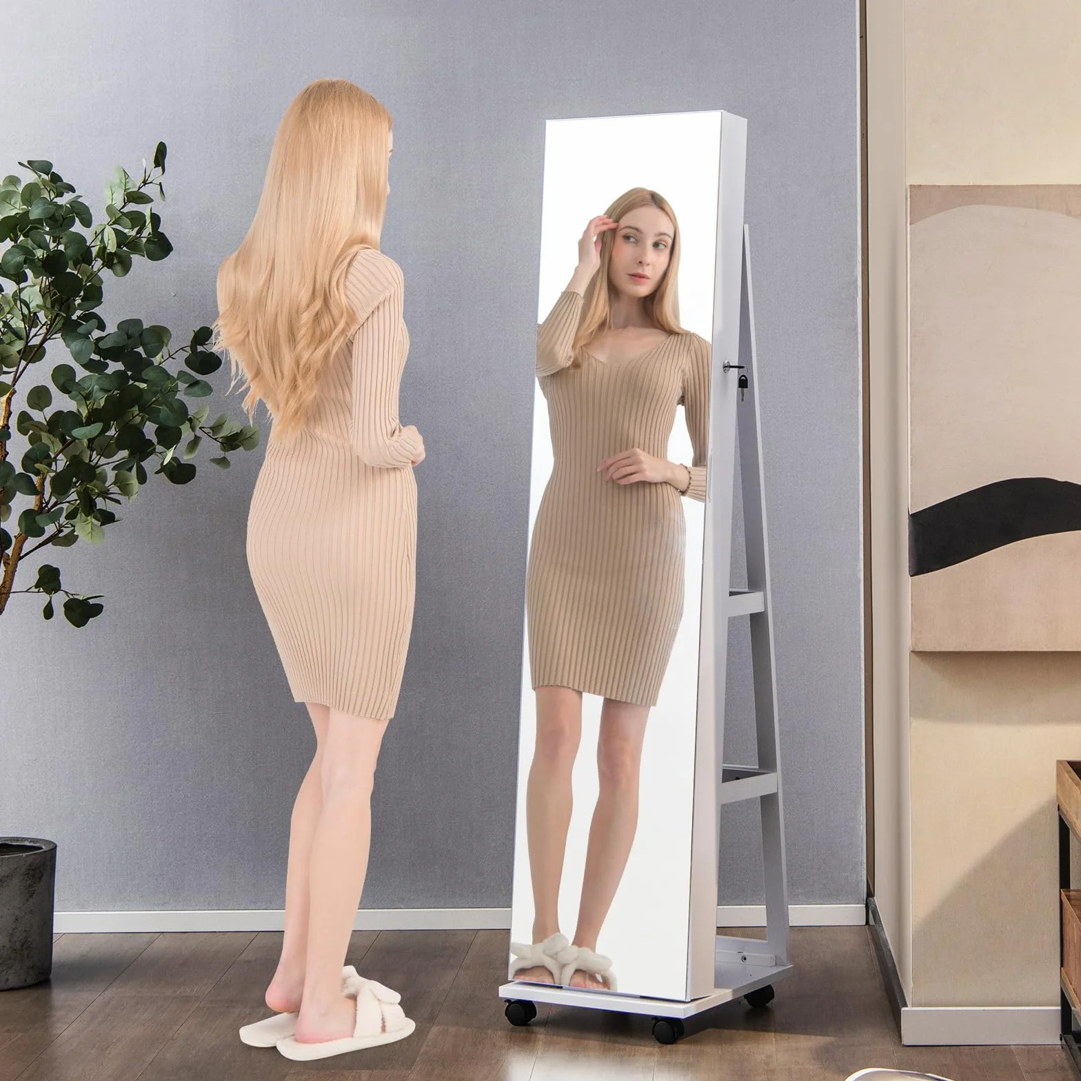 RELAX4LIF Armoire à Bijoux Roulettes 360º Miroir Pleine Longueur LED 5 Étagères Réglables Blanc
