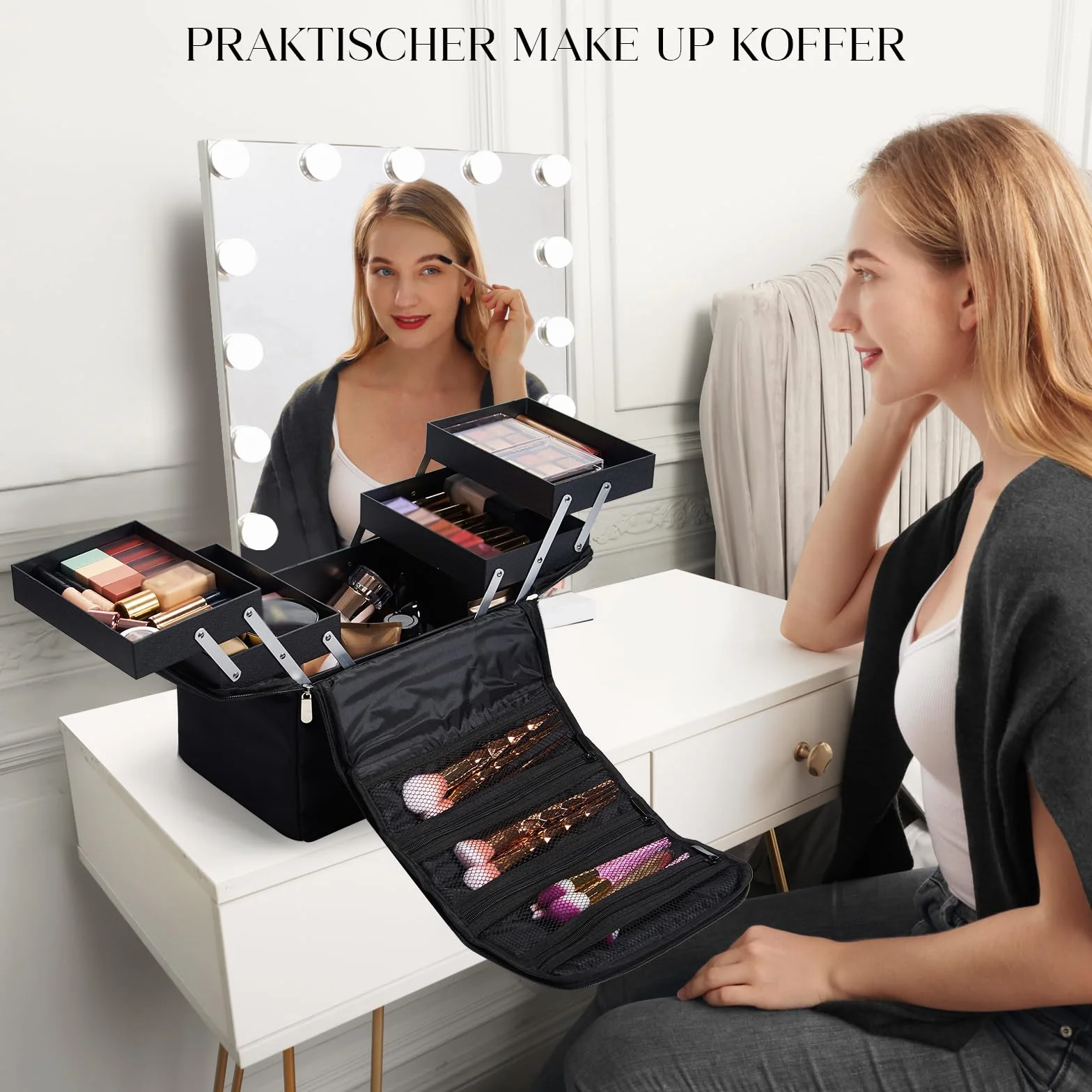 Mallette Maquillage Professionnelle avec Bandoulière, Noir, Vanity Case de Voyage