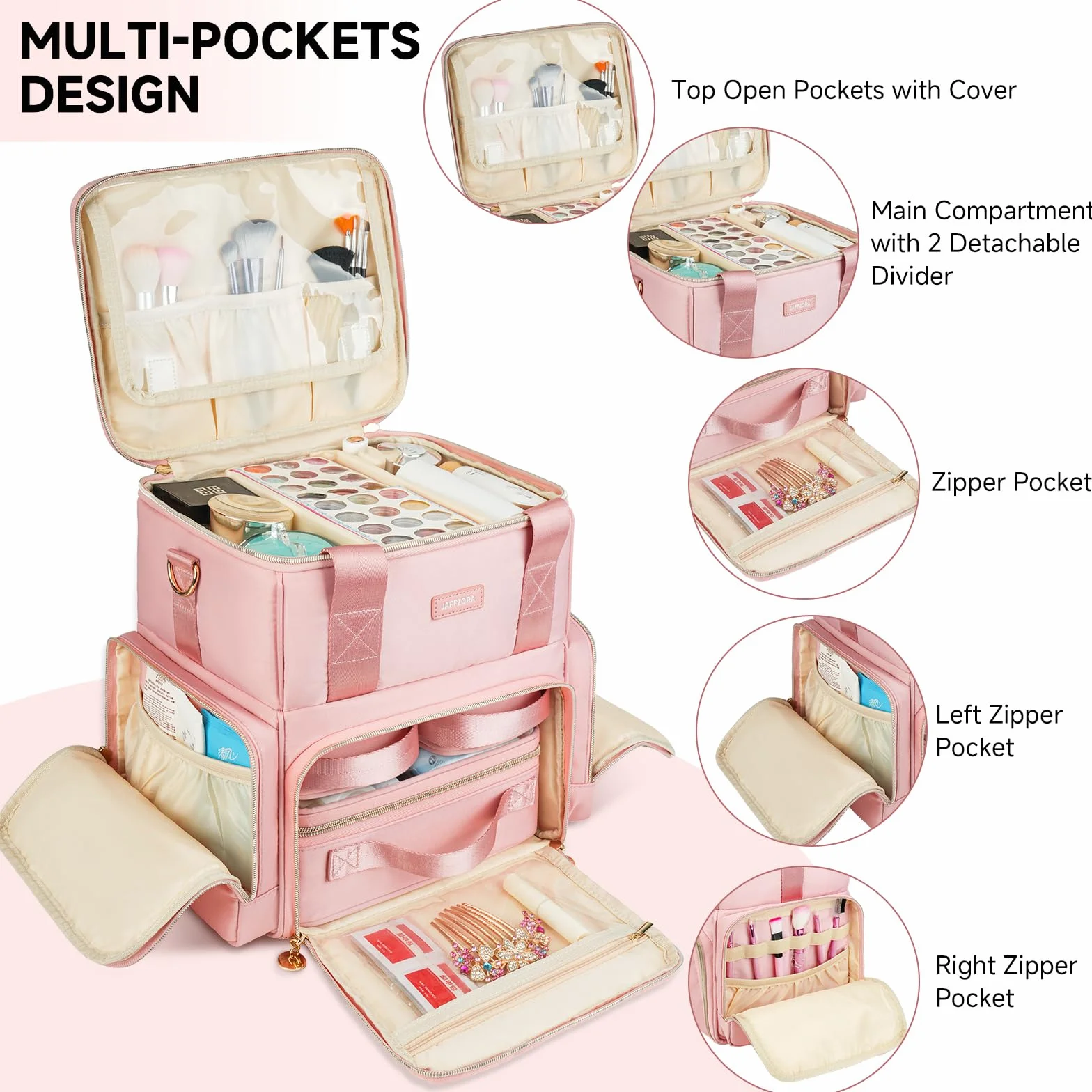 Trousse de Maquillage Extra Large avec 3 Étuis Amovibles, Malette de Voyage Double Couche, Rose