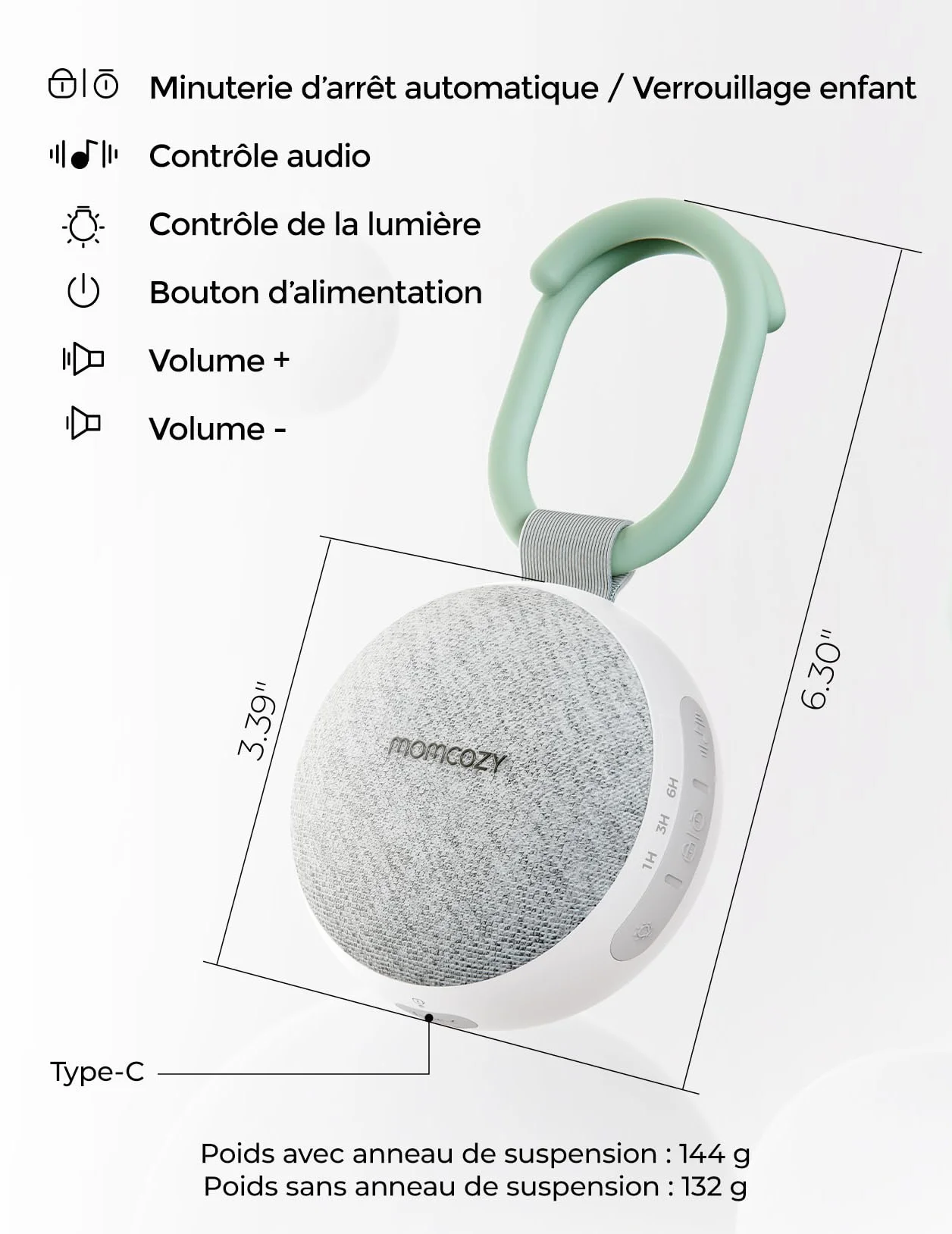 Momcozy Machine à Bruit Blanc Portable pour Bébé avec Veilleuse Intégrée - 20 Sons Apaisants, Batterie Rechargeable